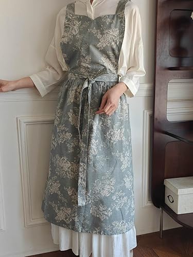 Miniatura 7 de Delantal de cocina floral de algodón impermeable para mujer, delantal ajustable con bolsillos, estilo vintage para cocinar y hornear