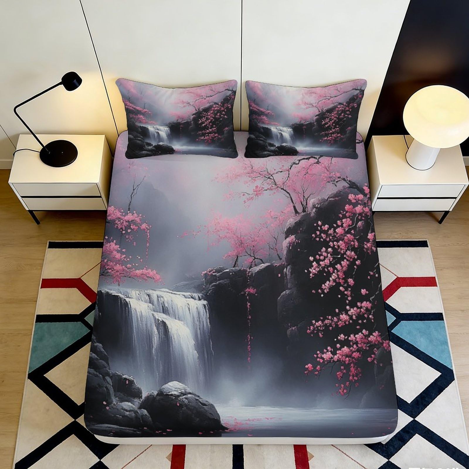 3D Printed Waterfall Sakura Fitted Sheet Microfiber Anti-Slip Japanese Cherry Blossom Mattress Cover Bedroom Decor 120x200x25cm