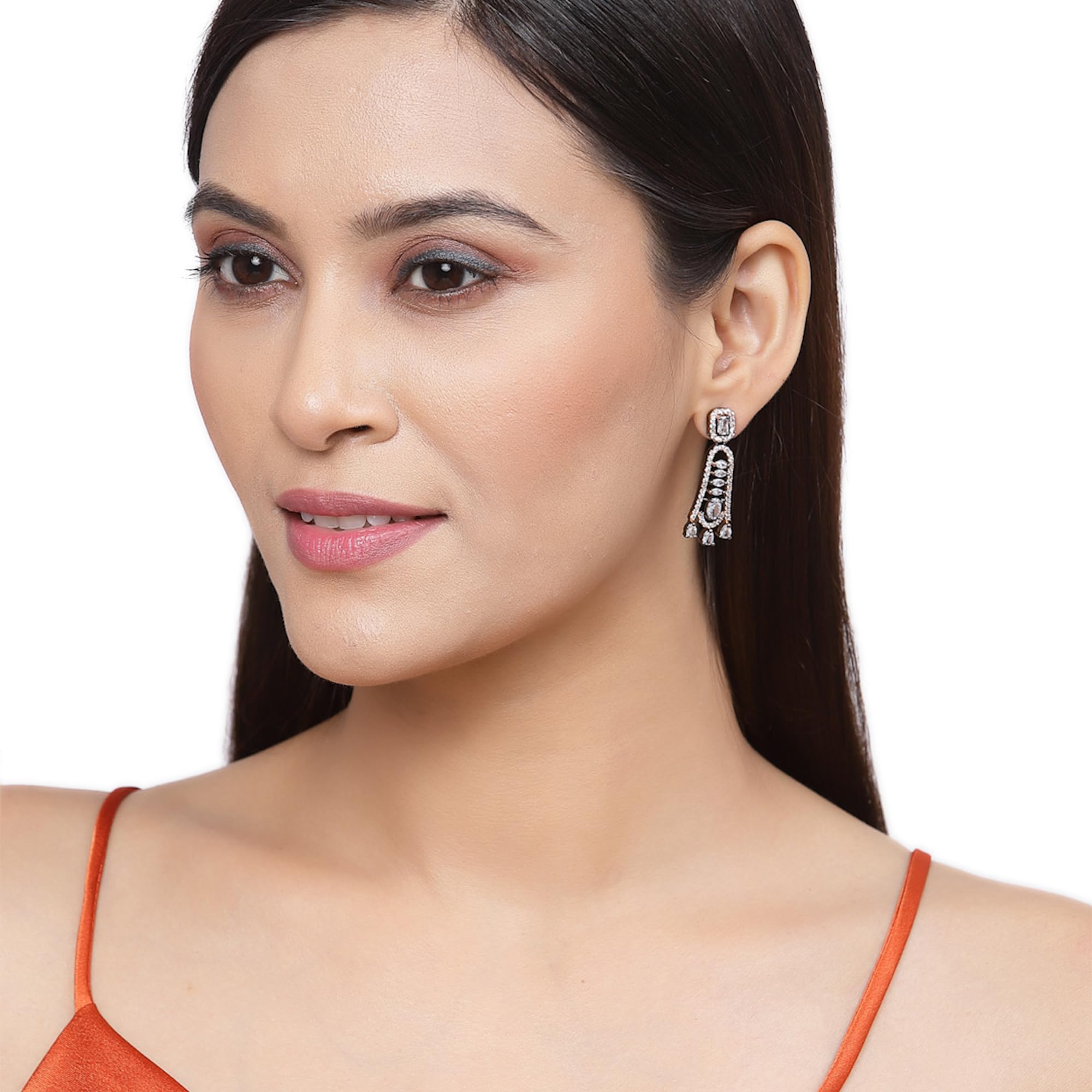 Classic Rhodium-Plated American Diamond Drop Earrings