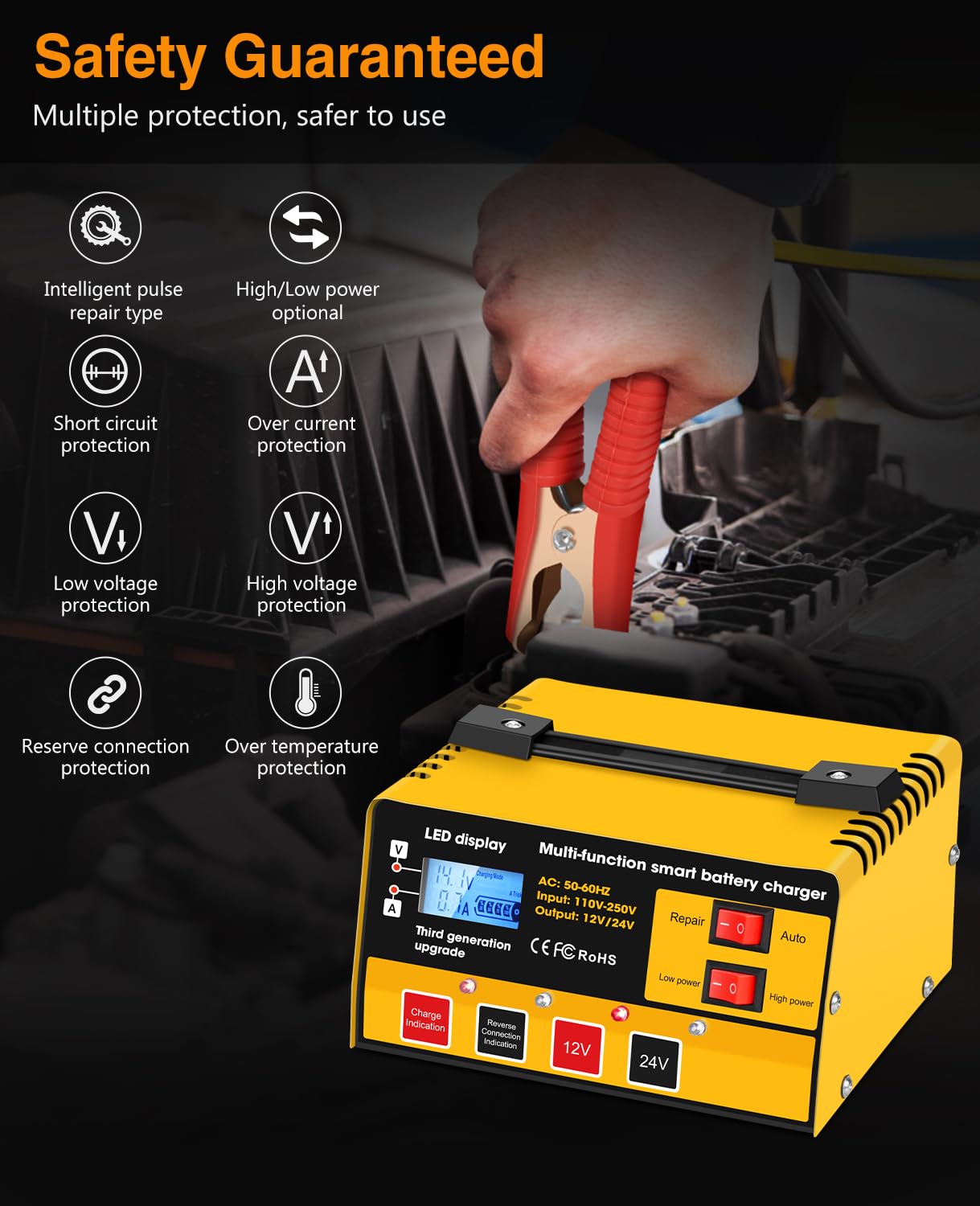 Caricabatteria per auto, 12 V-12 A/24 V-8,5 AMH, caricabatterie automatico intelligente, carica batterie ad alta/bassa potenza, mantenitore e desolfatore, per moto, tosaerba e batterie al piombo