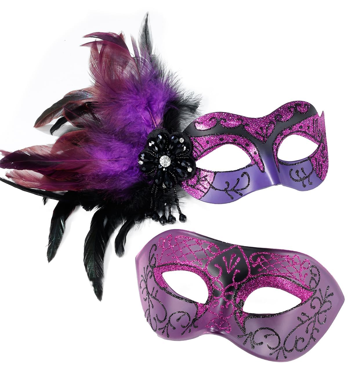 MYSEUNI Masquerade Mask for Couple Purple - Feather Masquerade Masks & Venetian Mask for Mascarade Party, Mardi Gras, Halloween Cosplay Prom,