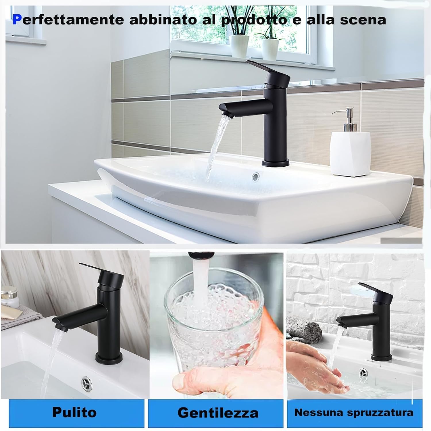 XWIHTR Rubinetti per lavabo e bagno caldi e freddi in acciaio inox, con risparmio idrico silenzioso e senza gocciolamento per bagno, lavabo, piccoli rubinetti da cucina (nero)
