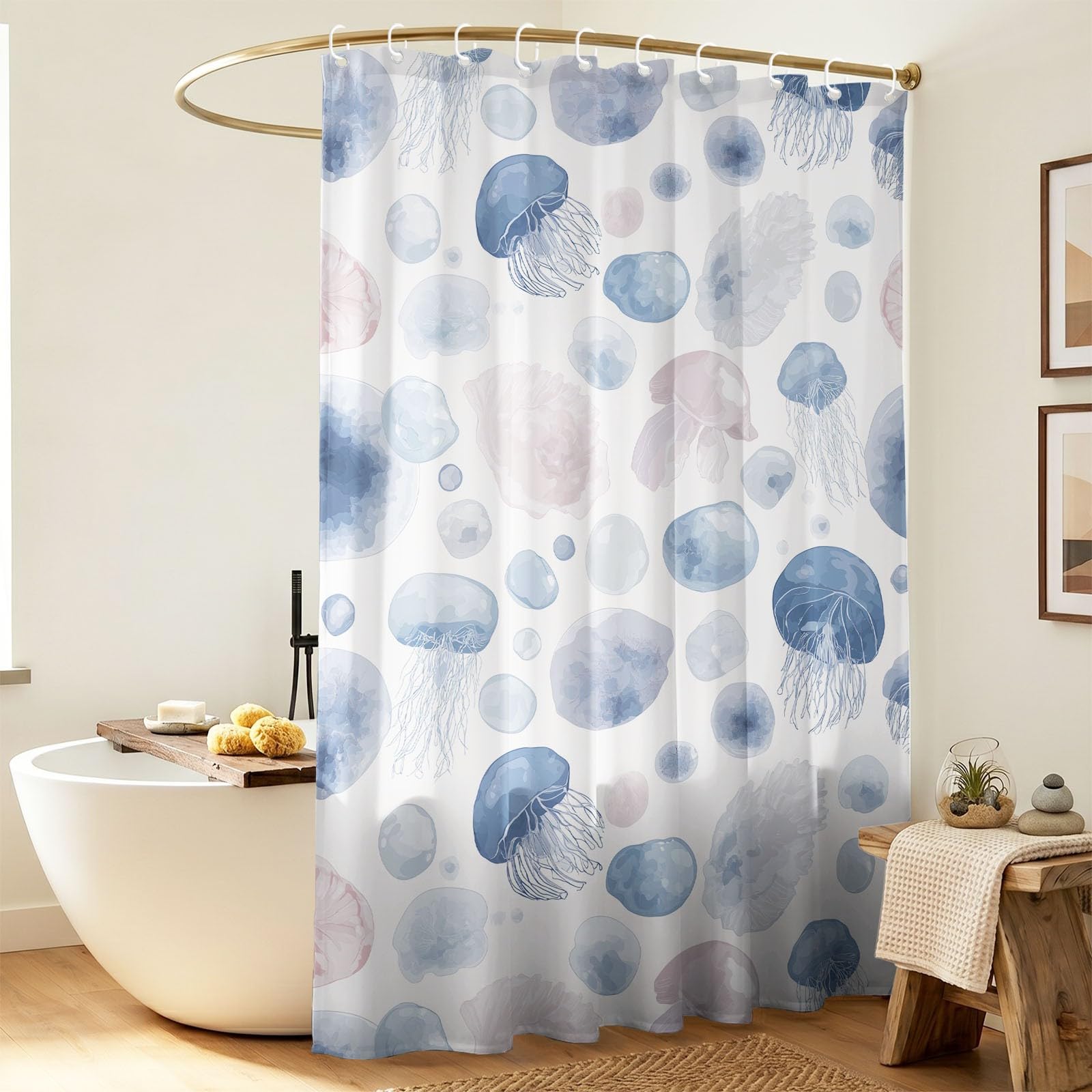 Cortina de ducha de ensueño silenciosa, 200 x 180 cm, etérea, suave, fresca, océano, vida marina, medusas, impermeable, para baño, bañera, lavable a máquina, secado rápido