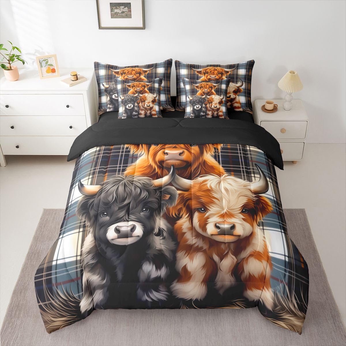 jejeloiu Highland Cow Comforter Set with Sheets 7 Piece Full Size Highland Cattle Bed in a Bag Kids Boys Girls Brown Grey Bedding Set Bedroom Decor Breathable Soft Lightweight Microfiber