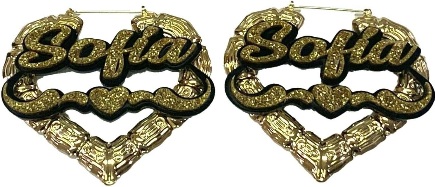Personalized Custom Gold Hoop Heart Shape 3" Size Bamboo Earrings Name Plate Laser Cut Swirls Design Stunning Look - Quality, Attractive Earrings, Made To Order Any Name