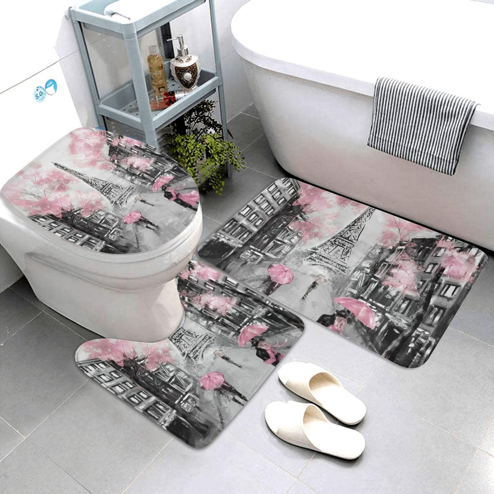 Paris Street Tower - Set di 3 tappetini da bagno con motivo floreale rosa, in flanella, morbido, antiscivolo, con coperchio, decorazione per la casa