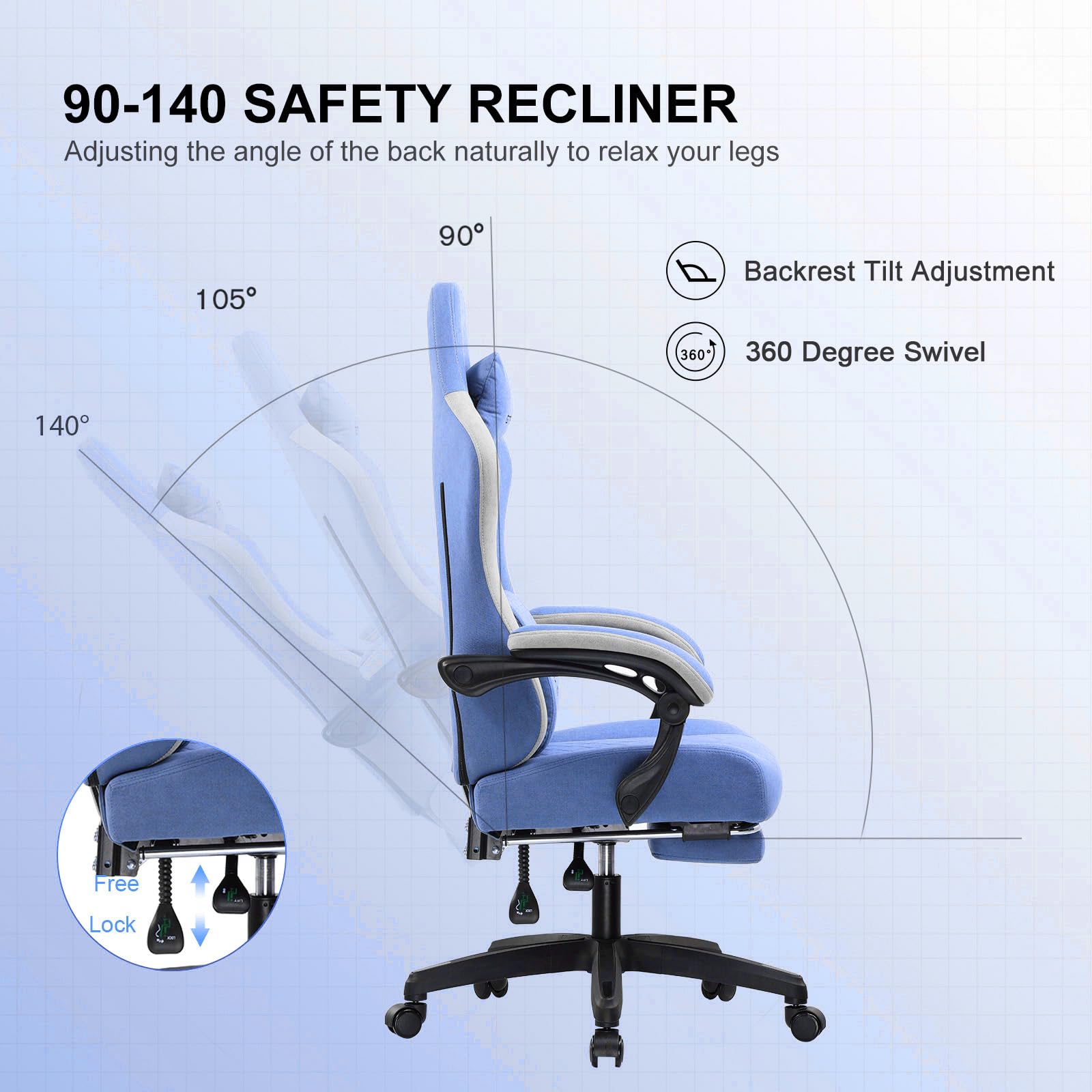 GTPLAYER Silla para Juegos, Silla de computadora con reposapiés y Soporte Lumbar, Silla de Juego Ajustable en Altura con Asiento Giratorio de 360° y reposacabezas para Oficina o Juegos, Color Azul
