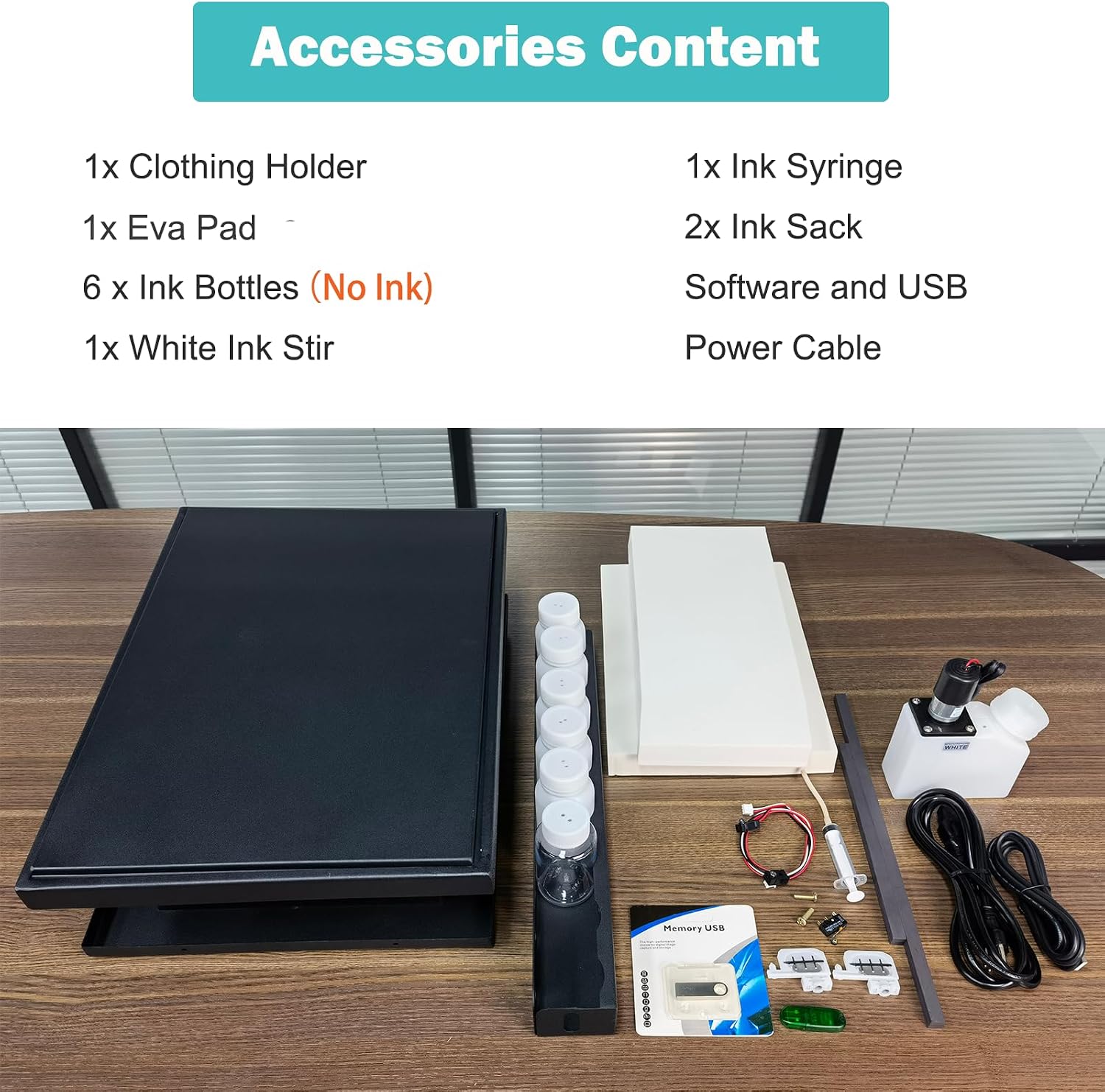 Contents of the printer package including the printer, clothing holder, ink bottles, software USB, and cables.