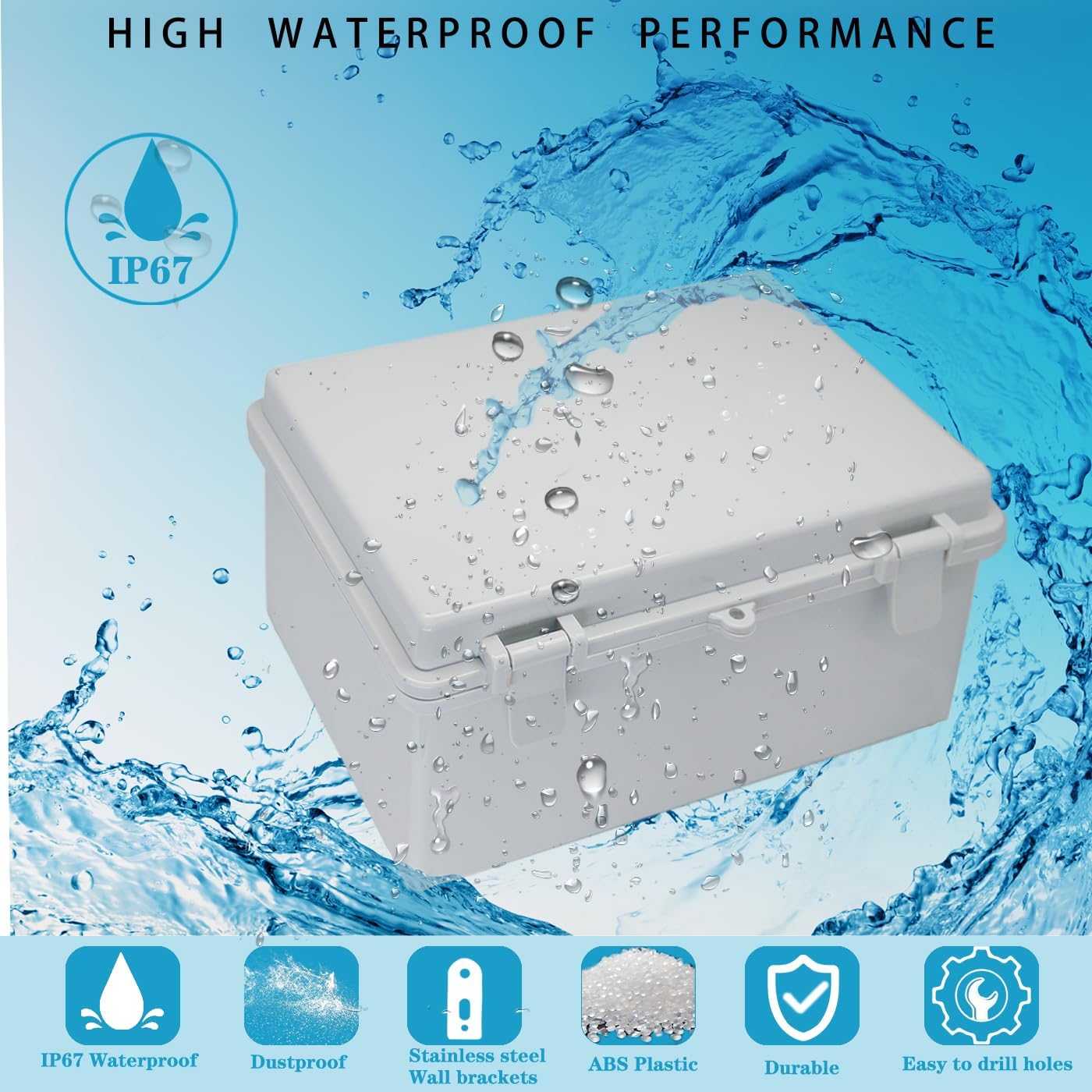 Waterproof Outdoor Electrical Box Junction Box Weatherproof IP67 ABS Plastic Enclosure Switch Router Project Box with Mounting Plate with Wall Bracket 2 Cable Glands Grey 8"x6"x4.3"