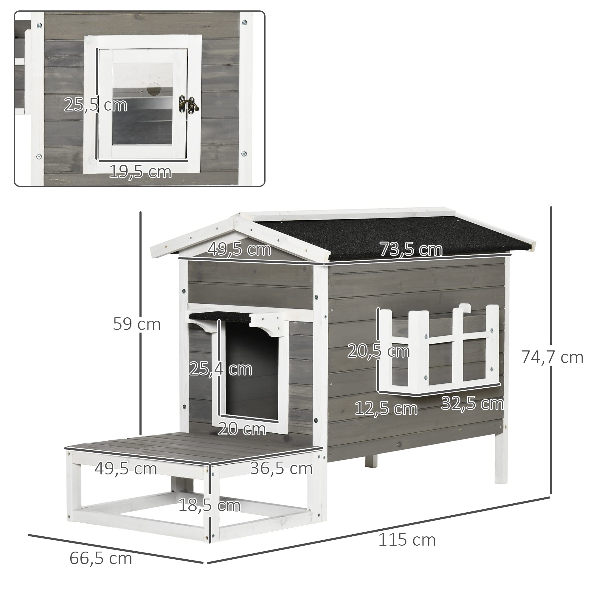 PawHut Maisonnette pour Chats Niche extérieure surélevé avec terrasse étanche en Bois, dim. 115L x 66,5l x 74,7H cm, Gris