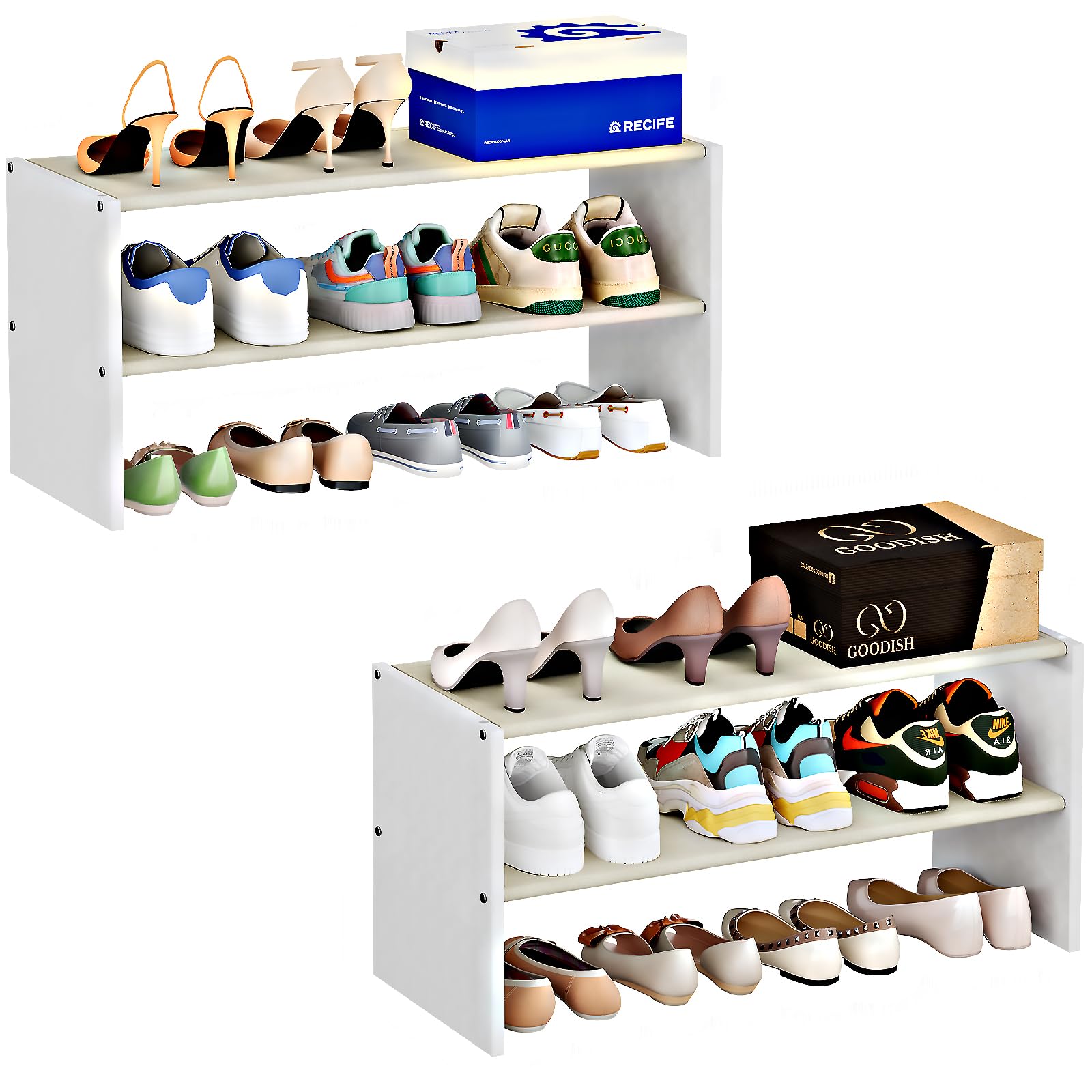 Photo 1 of 2 Pack 2 Tier Small White Shoe Rack For Closet, Stackable Shoe Shelf Organizer for 18 -24 Pairs of Shoes, Small Shoe Storage Organizer for Entryway, Hallway,Living Room, Bedroom, Size 28.5"* 11" * 13"