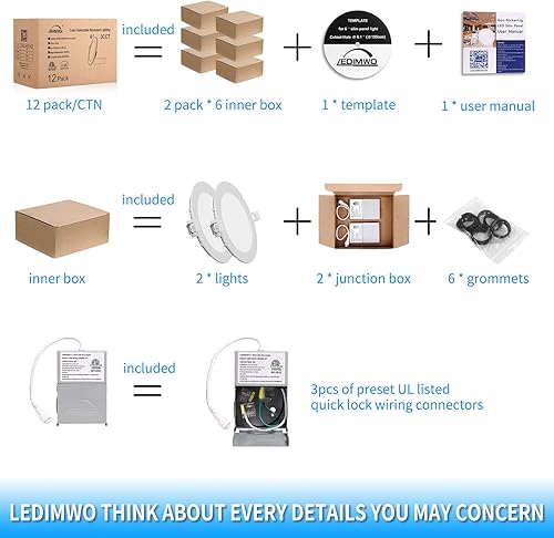Miniatura 2 de LEDIMWO 6 pulgadas 12W 2700K3000K3500K4000K5000K Color seleccionable Iluminación empotrable, luz de techo LED de 6 pulgadas, luz de lata LED, sin