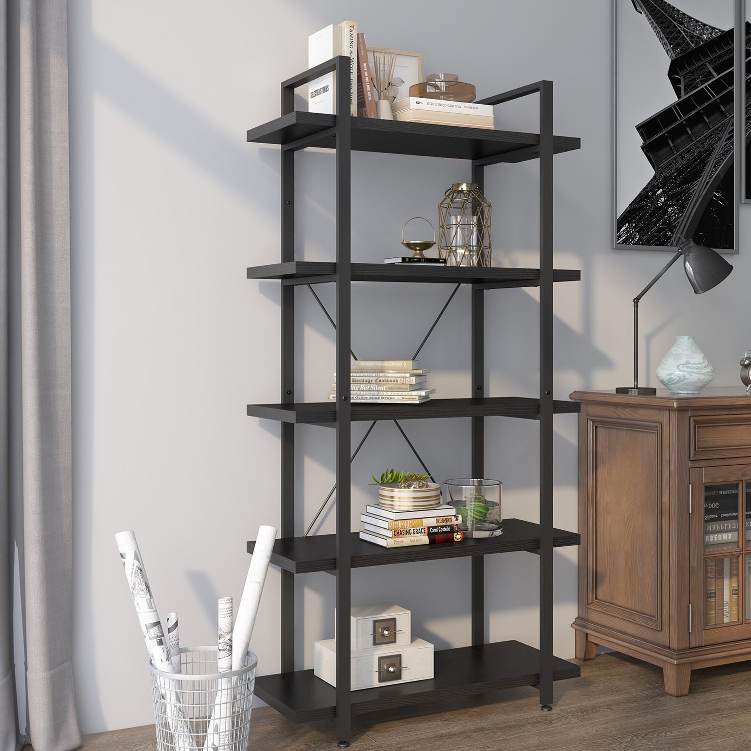 Panana 5 Tier Industrial Rustic Wooden Bookshelves, Vintage Open Wood and Metal Farmhouse Bookshelf Heavy Duty Storage Shelving Unit Rack (Black)