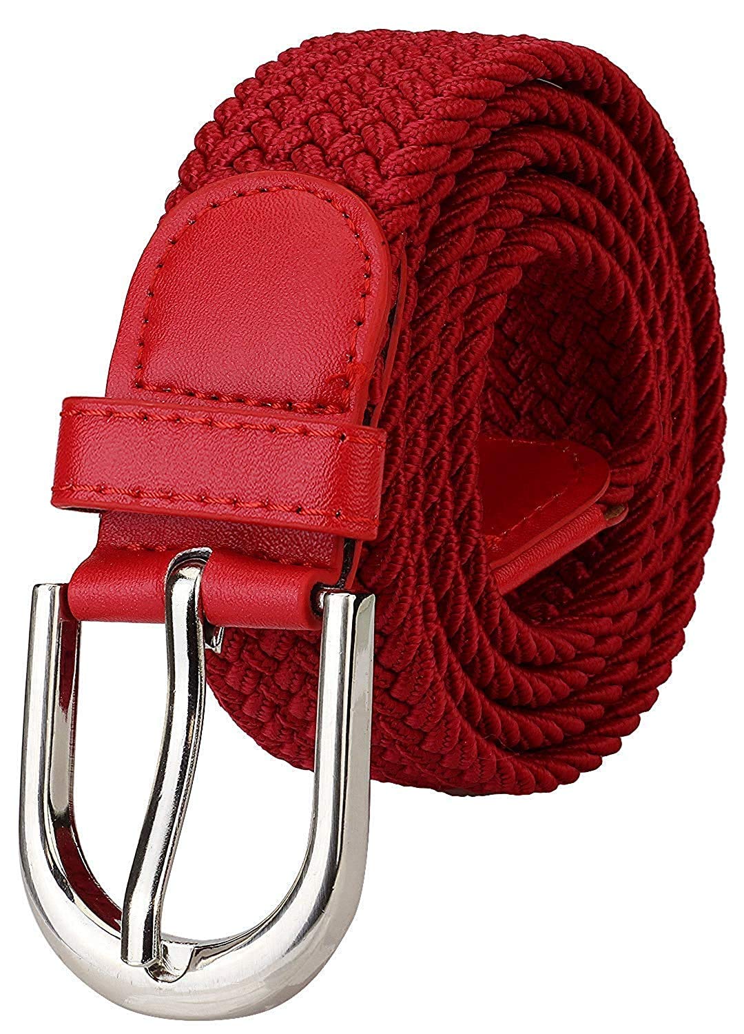 MONKS & KNIGHTS Men's Ferrari Red Stretchable Braided Elastic Belts For Men and Women Unisex Belt with Leather End (26-30 inch waist)