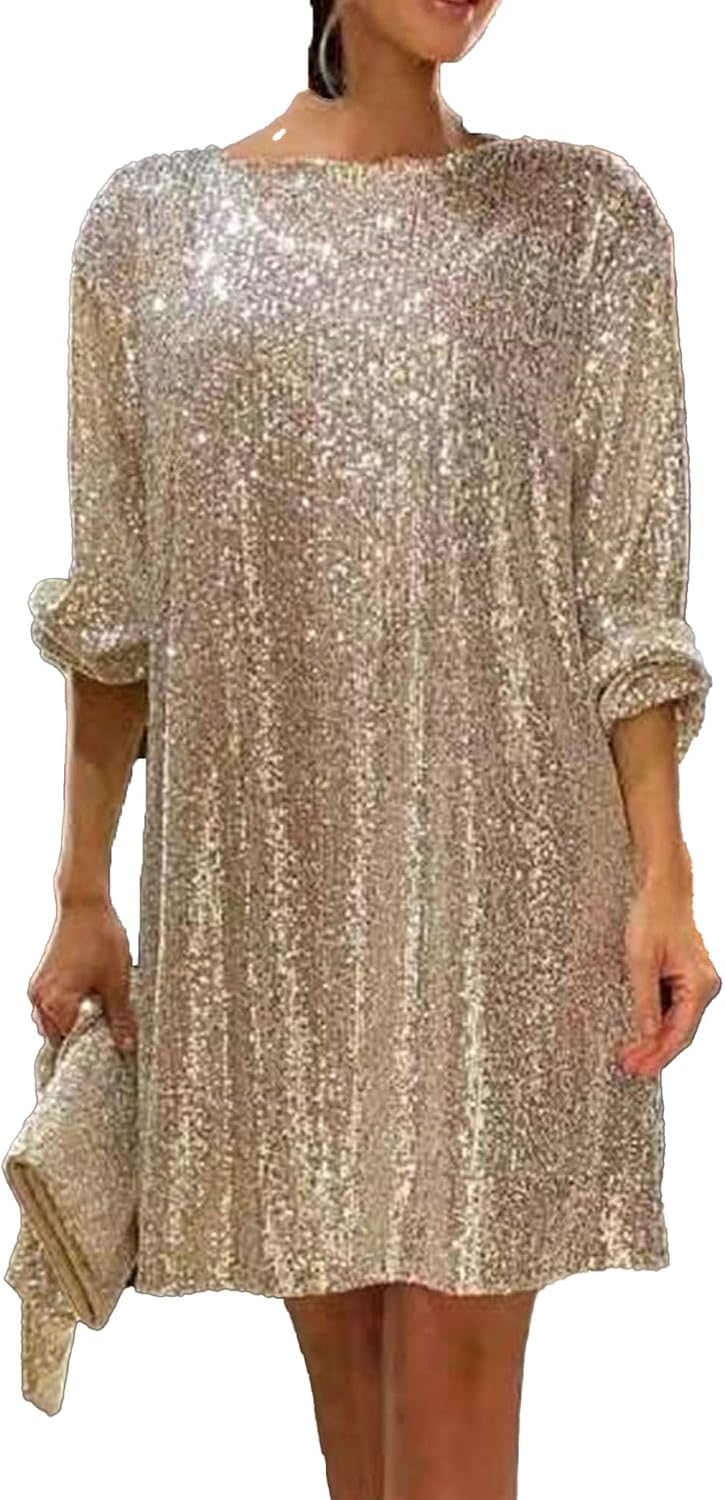 Women Sequin Party Cocktails Dress Long Sleeve Crew Neck Glitter Bodycon Elastic Tie Waist Peplum Cocktail Dress