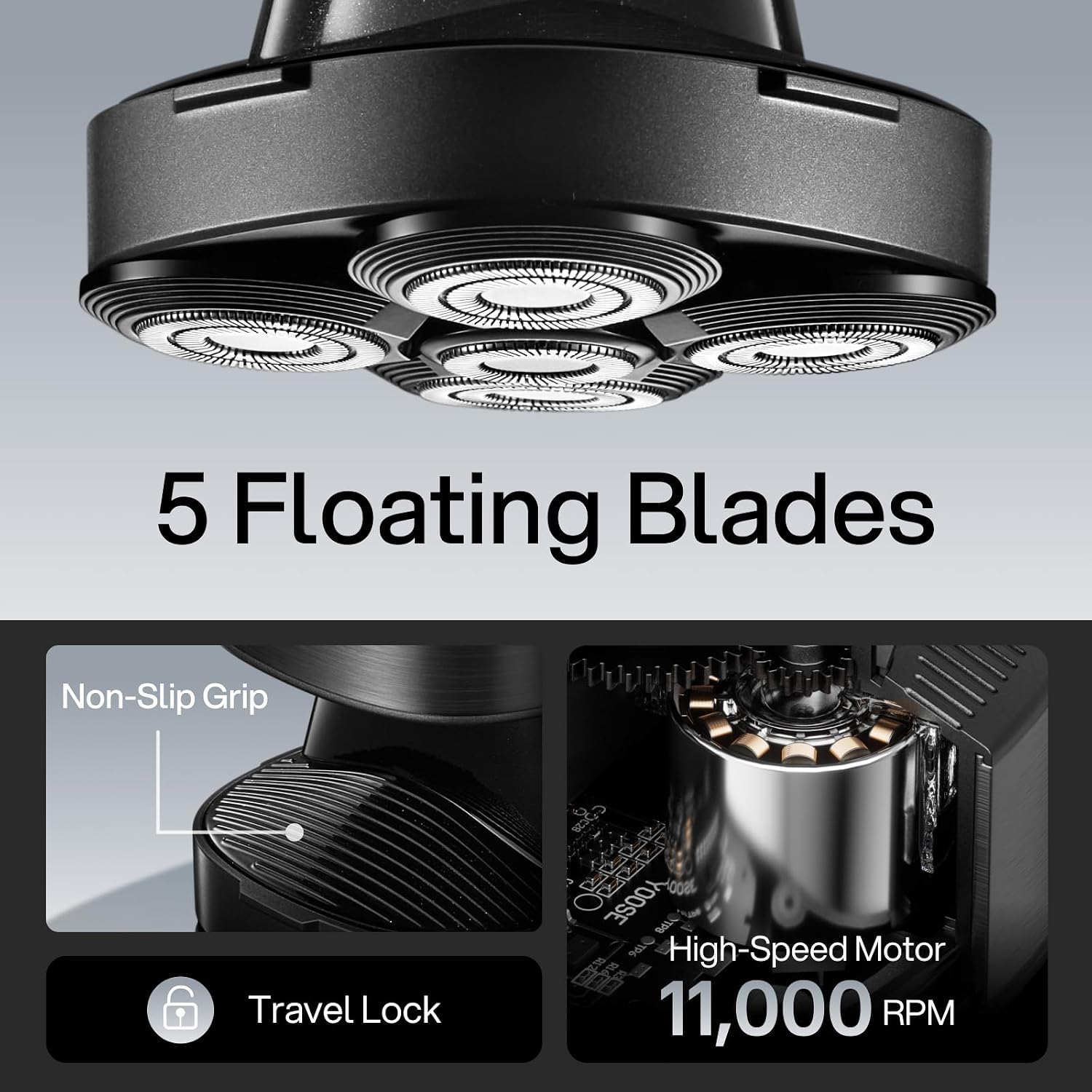 yoose Head Shavers for Bald Men, IPX7 Skin Close Electric Razor for Men (Ergonomic Design, USB-C, 90-Min Usage, 5 Floating Cutting Heads), Intelligent PID Control, Battery Indicator, H5 Black