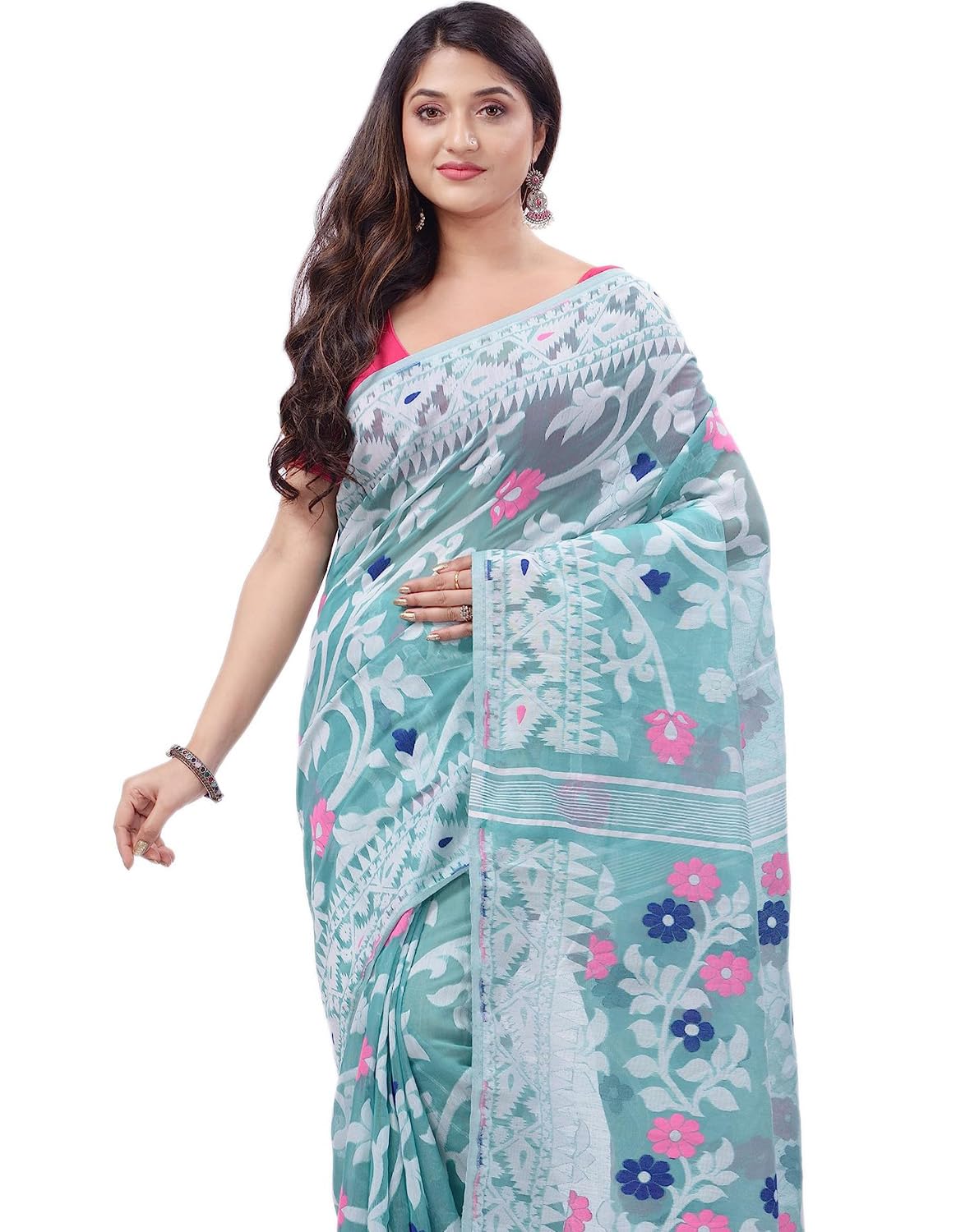 dB DESH BIDESHWomen`s Rangabati Resham Dhakai Jamdani Pure Cotton Handloom Saree without Blouse Piece