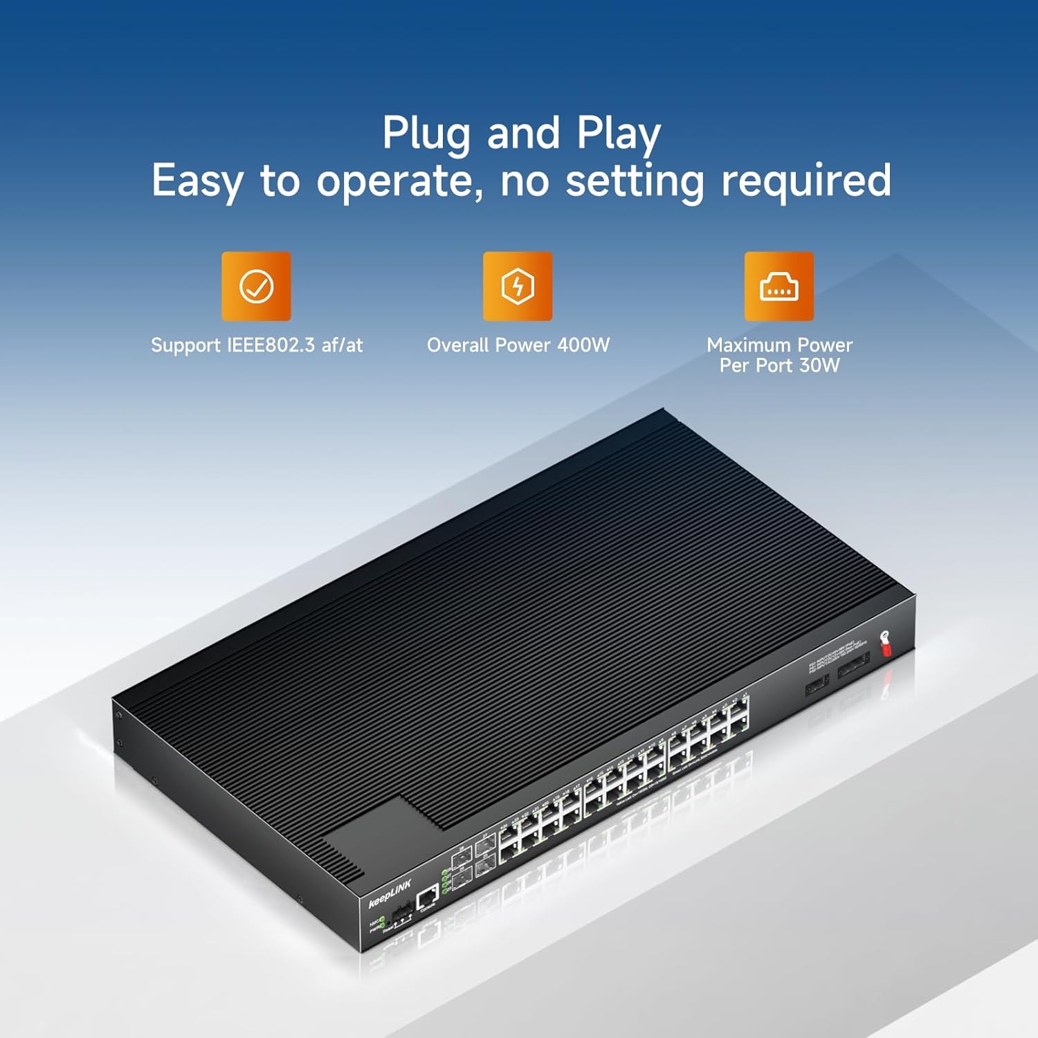 Close-up of the fanless cooling design of the keepLiNK 24 Port Industrial Gigabit PoE Switch.