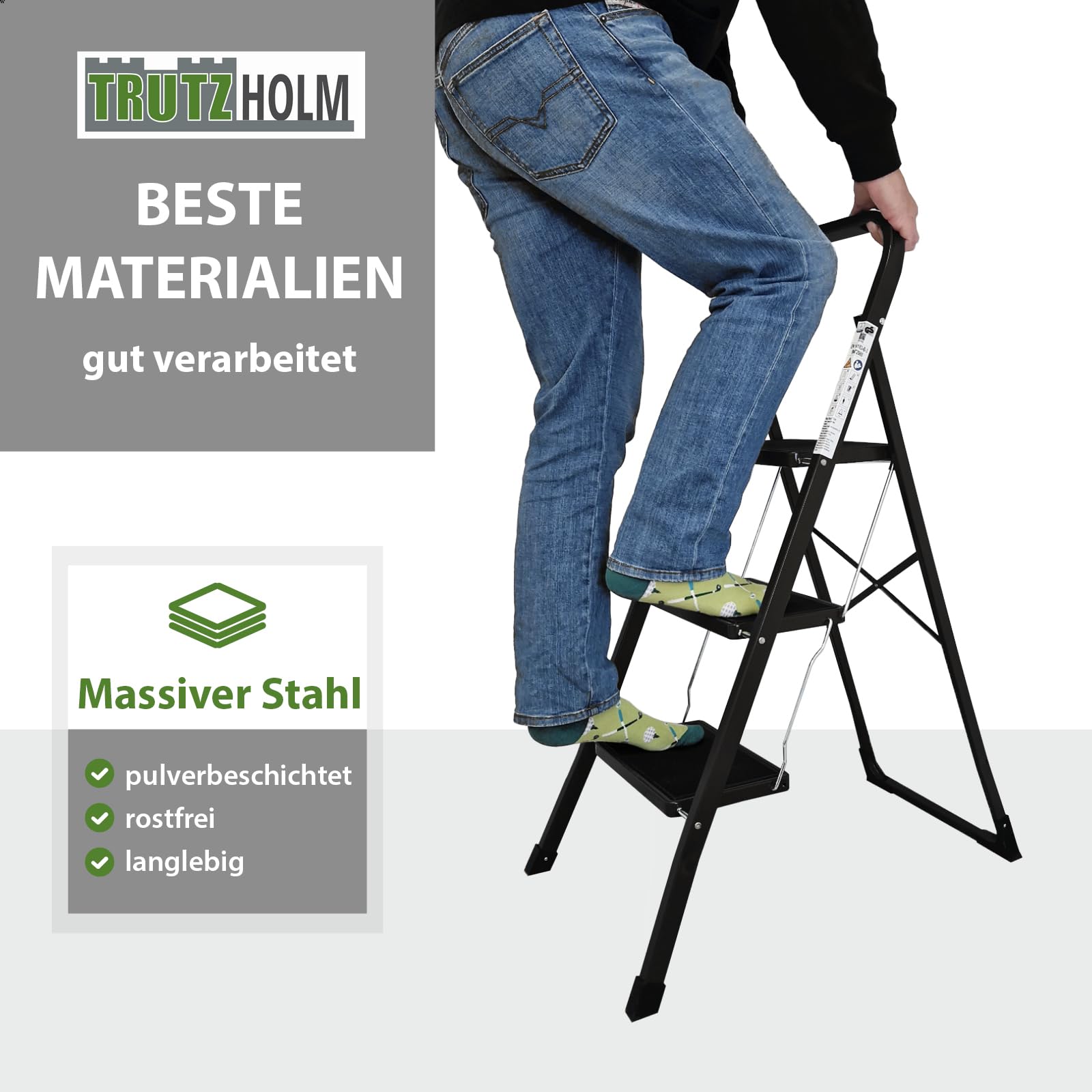 TRUTZHOLM Trittleiter 2 oder 3 Stufen klappbar TÜV/GS Zertifiziert 150 kg Klappleiter Anti-Rutsch Trittflächen & Sicherheitsverriegelung Klapptritt Haushaltstritt Stahl Leiter (Schwarz, 3 Stufen)