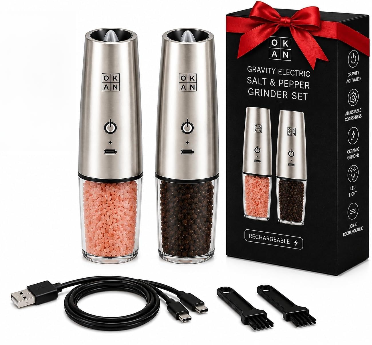 OKAN 591 - Macinino elettrico per sale e pepe, inclinabile a gravità, ricaricabile tramite USB-C, in ceramica regolabile, luce LED, funzionamento con una sola mano, OKAN 591 (100 ml)
