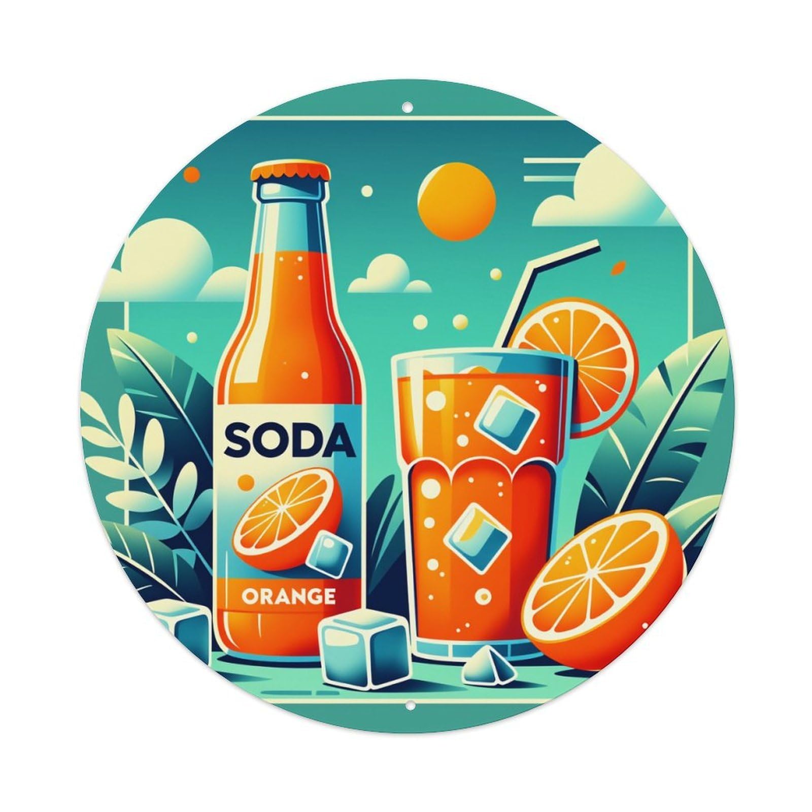 Orange Soda Bottle Glass Ice Cube Round Tin Sign Vintage Metal Poster Retro Bar, Home, Man Cave, Kitchen, Laundry Room Wall Art Decor Gift 8x8Inch