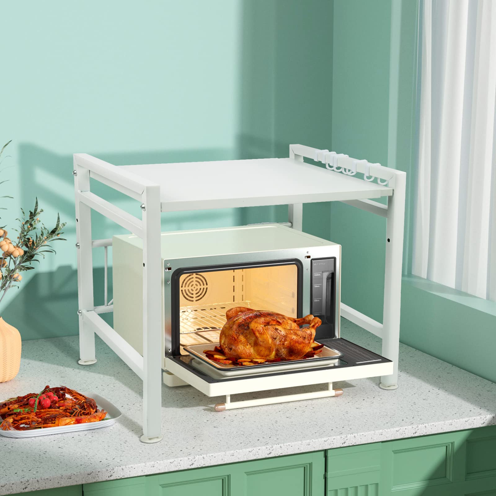 MAYMA Supporto portaoggetti da cucina, supporto estensibile in metallo, mensola forno a microonde, organizer porta spezie, con 2 livelli di scaffale estensibile, con 3 ganci