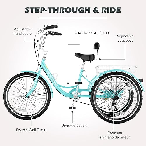 Vista 176 de H&ZT Triciclo para adultos, bicicleta de 3 ruedas, triciclo crucero, con engranaje de 7 velocidades, mango de freno de estacionamiento, escalón