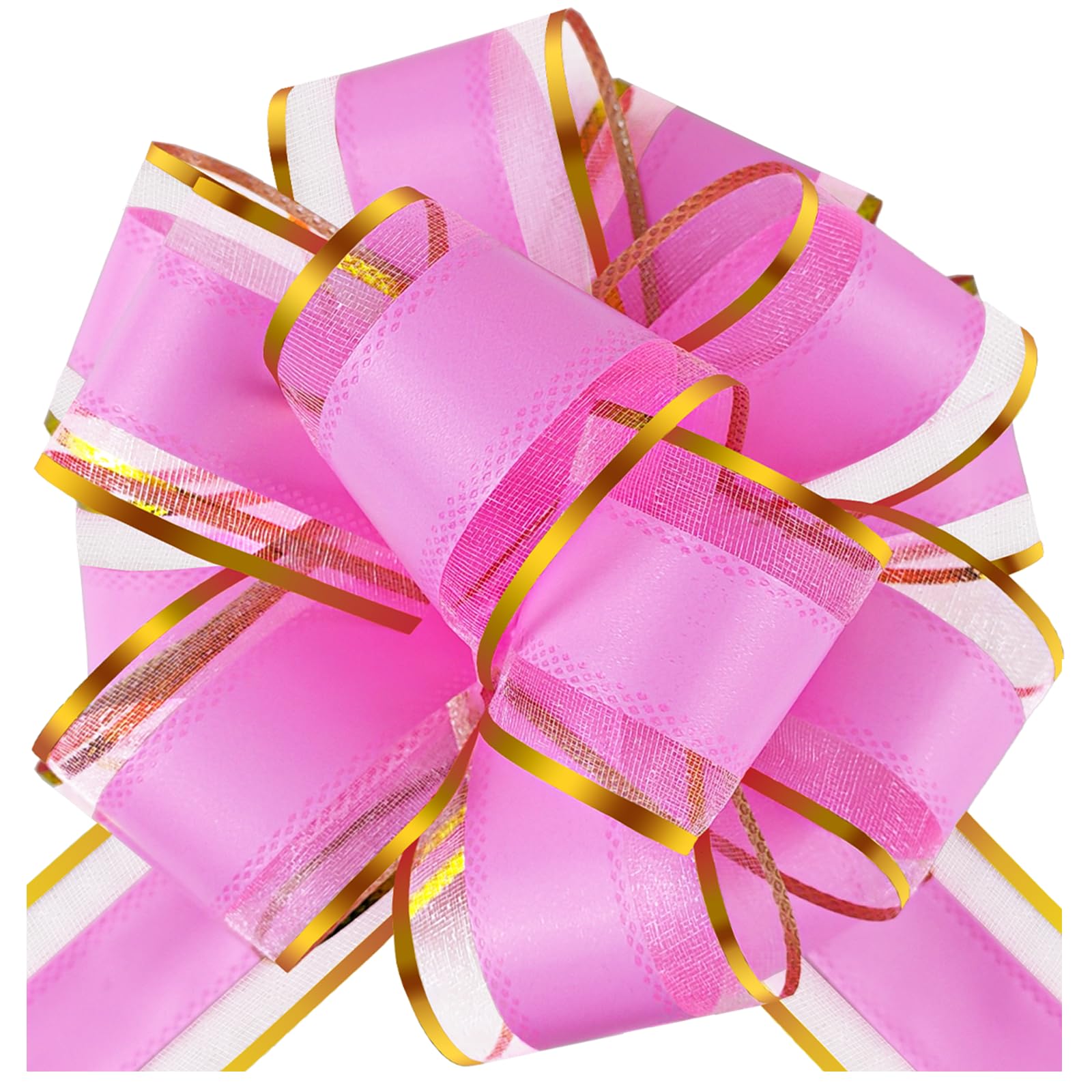 HHXUUAN Large Gift Wrap Pink with Gold Pull Bows with Clear Instructions.6pcs 7 InchDurable Organza Ribbon Bow for Hampers, Baskets, Wedding, Birthday & Present Decorations