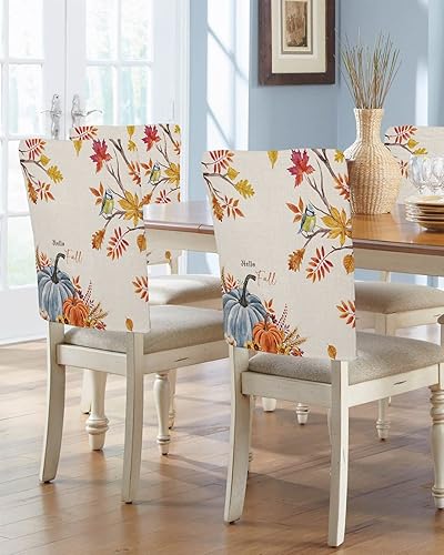 Juego de 6 fundas para silla de comedor, diseño de calabazas azules y naranjas para Acción de Gracias, diseño de hojas de arce, extraíbles para