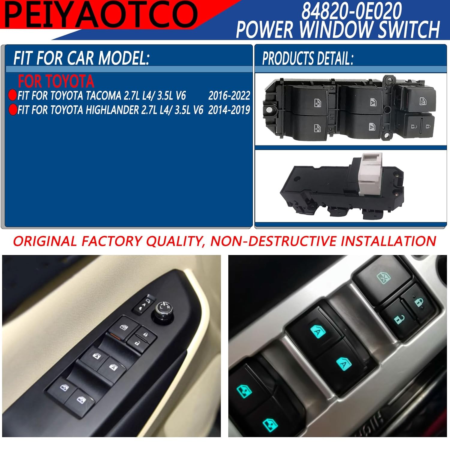 84820-0e020 Power Window Switch Front Left Car Electric Driver Side Fit for for 2014-2019 Toyota Highlander Fit for 2016-2021 Toyota Tacoma(18 Pins)#848200e020