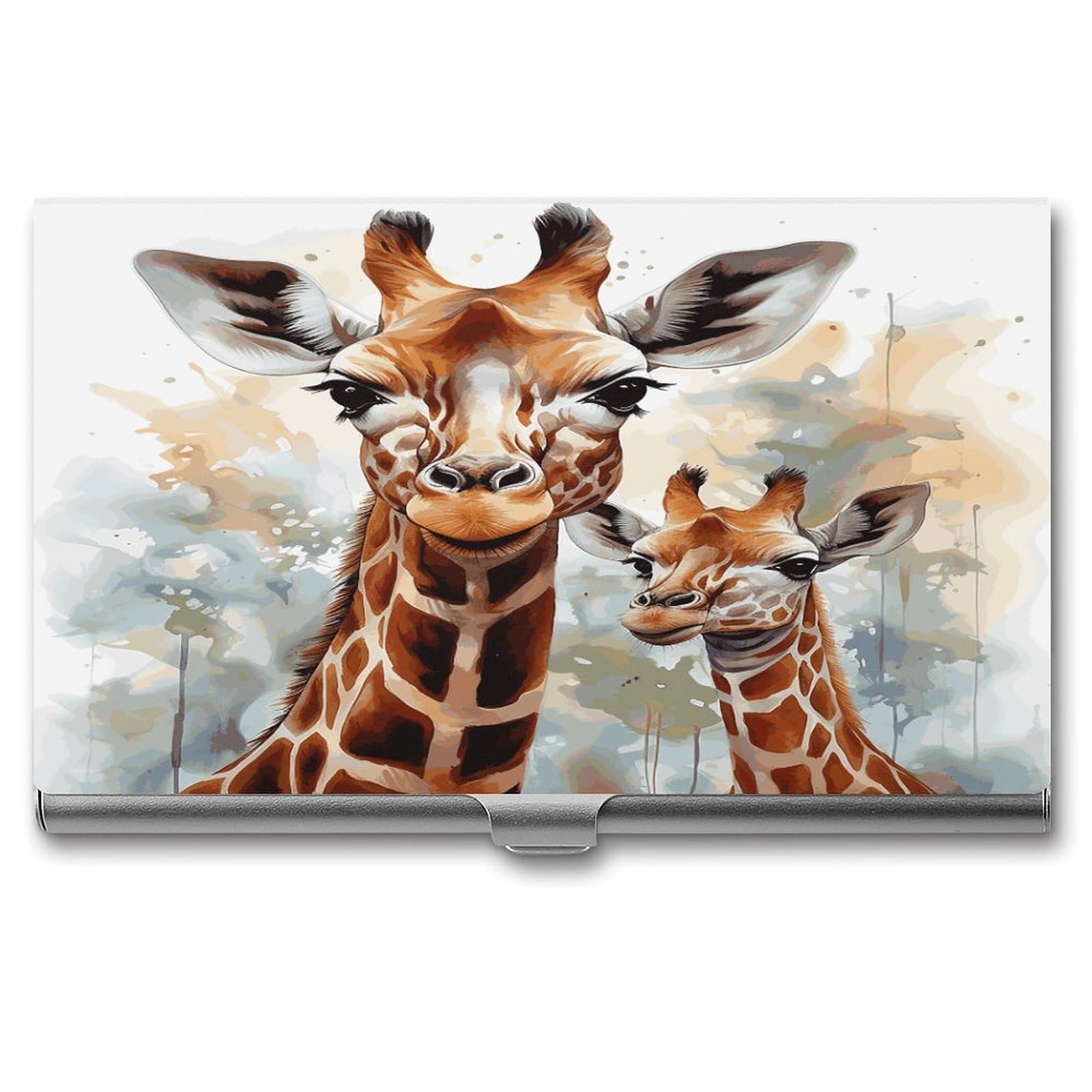 LDGSUPH Watercolor Deer Giraffe Business Card Holder Fashion Slim Name Card Holder Minimalist Design Case Metal Card Carrier Personalized Business Card Case with Flip for Men Women