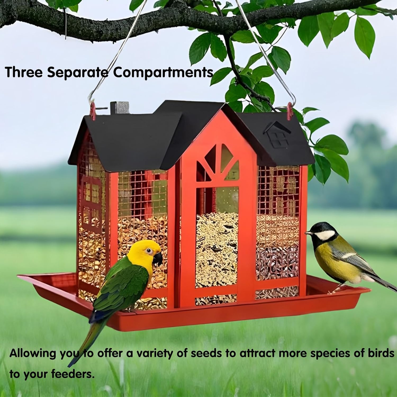 Bird Feeders for Outdoors, Weatherproof Metal Mesh Wild Bird Feeders with Three Compartments Easy to Clean & Refill Large Capacity Wild Bird Feeders for Cardinal Goldfinch Chickadee