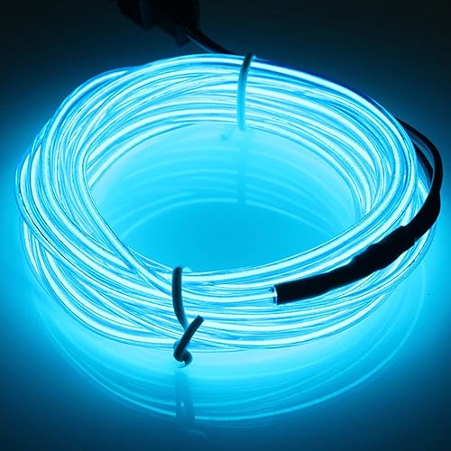 JIGUOOR - Tira de luces de neón brillantes con cable EL y paquete de baterías, de 9.8 pies, 360 ° de iluminación, para bricolaje, festivales, Azul