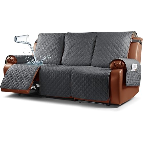 Ruaozz Waterproof Recliner Sofa Cover 1-Piece Couch Covers for Reclining Couches Reclining Sofa Cover Washable Furniture Protector with Elastic Straps Pocket for Kids, Pets (Dark Grey, 3 Seater)