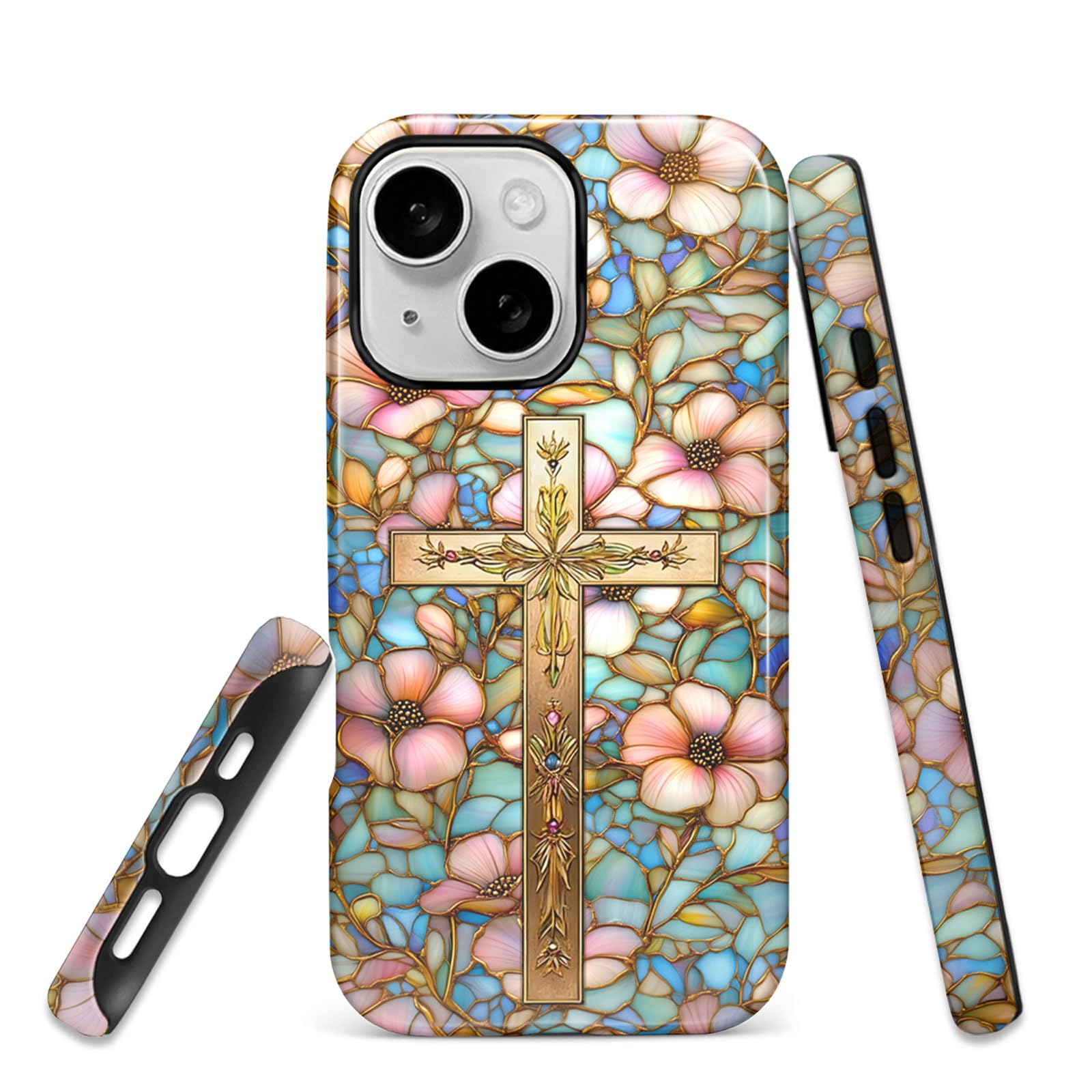 Coque iPhone 14 Plus antichoc double couche rigide mosaïque fleurs verre teinté