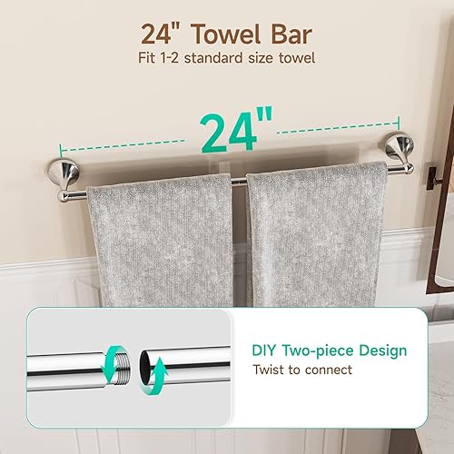 Miniatura 2 de USHOWER Juego de accesorios de baño de cromo pulido, juego de toallero de 24 pulgadas montado en la pared, juego de accesorios de baño resistentes,