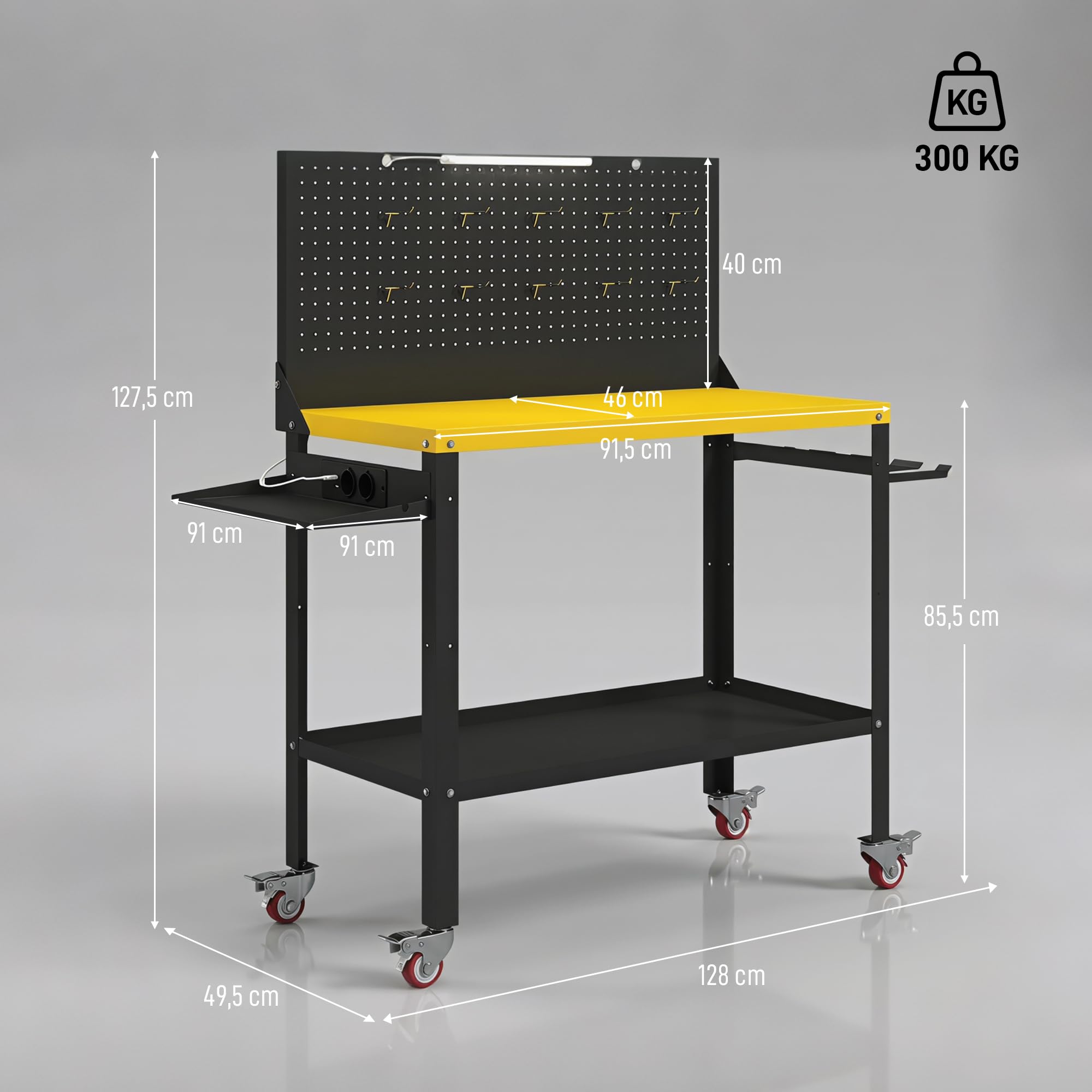 HOMCOM Banco de Trabajo con Panel Perforado y Ruedas, Mesa de Trabajo con Enchufes, USB, Luz LED y Estructura Metálica, Carga 300 kg, Banco para Garaje o Taller, 128x49,5x127,5 cm, Negro y Amarillo