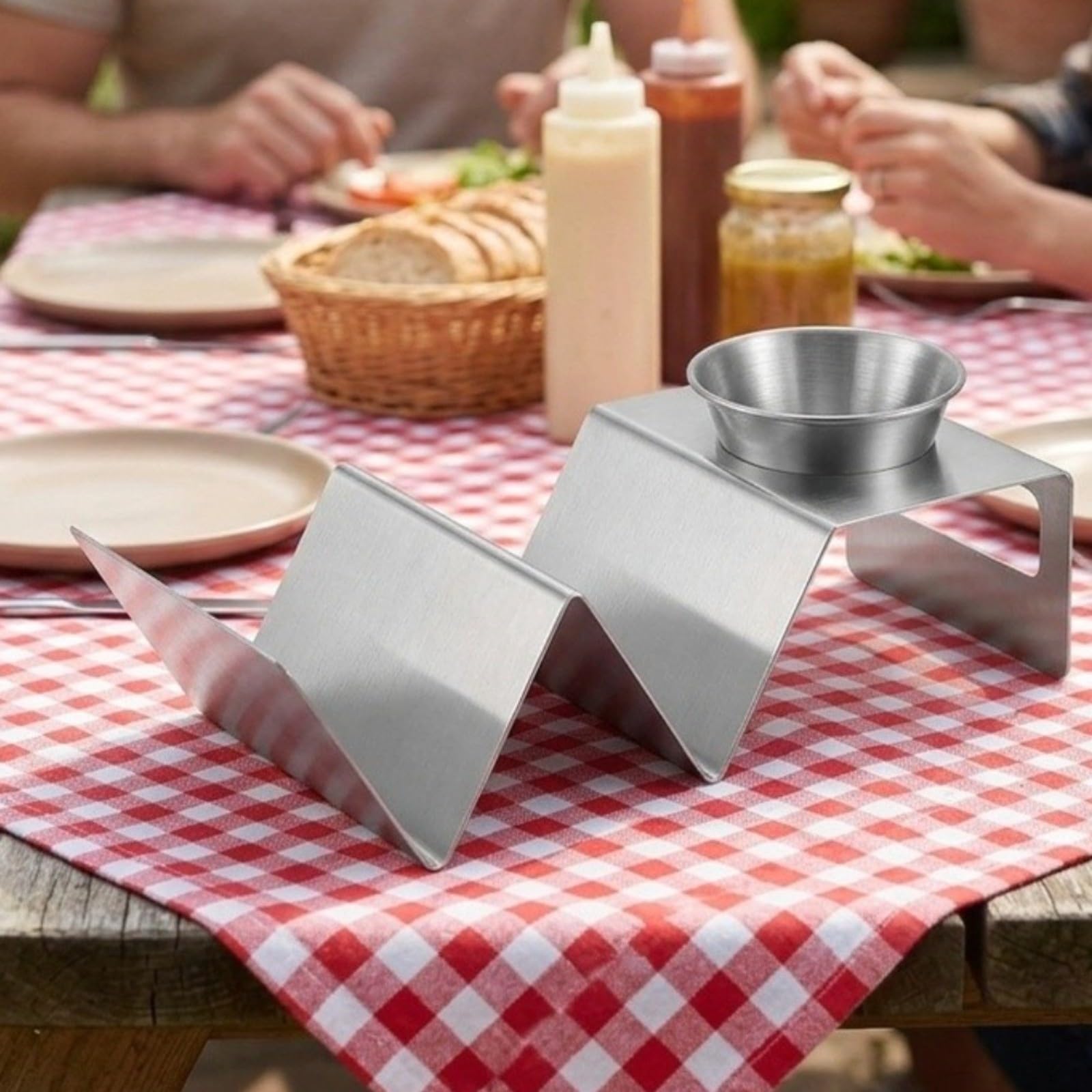 Soporte compacto de acero inoxidable para servir tacos para cenas