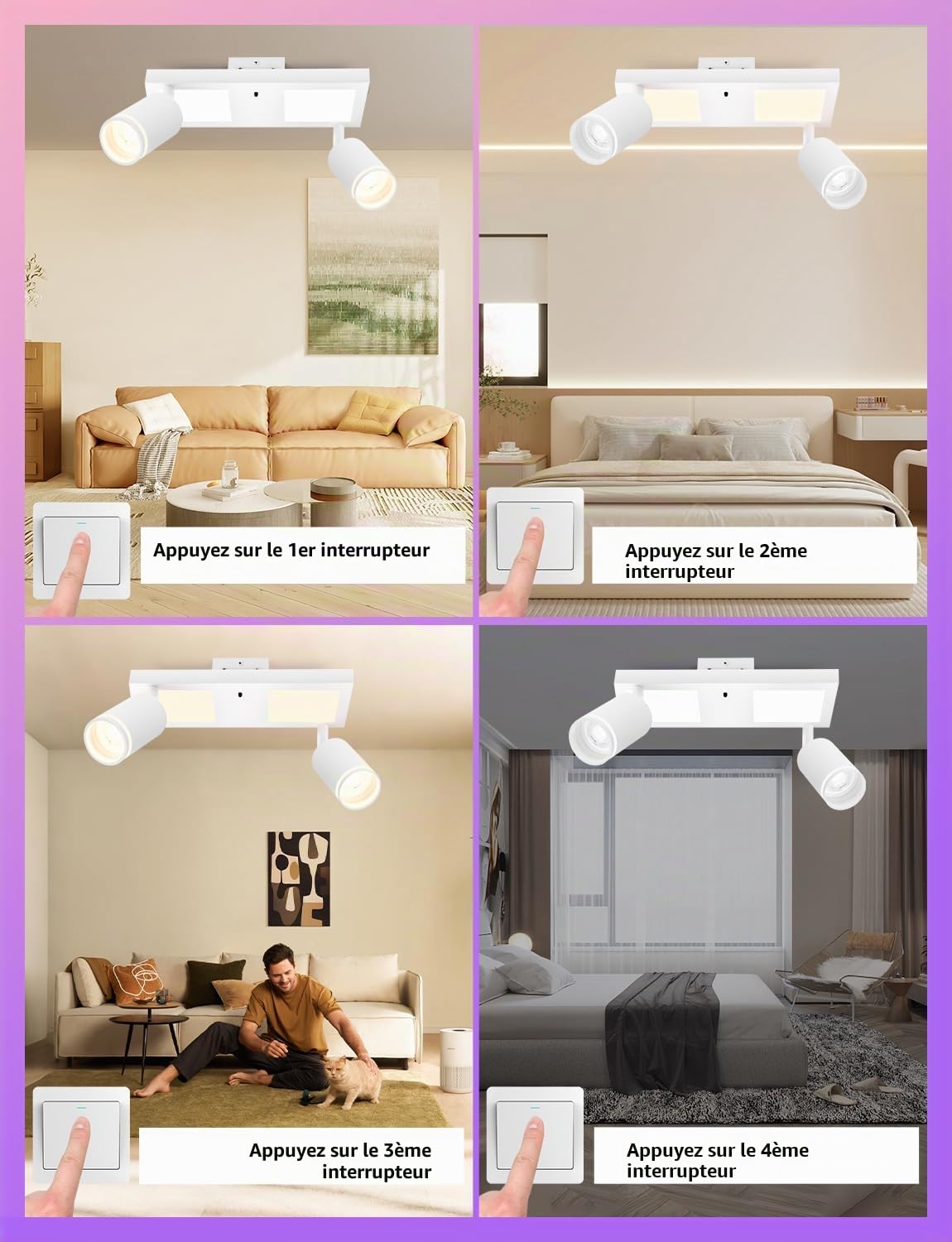 YindaLux Plafonnier LED 2 Spots avec Télécommande, RGB 17W 2300LM Spots de Plafond GU10 Orientable, Blanc Plafonnier Spot avec Lueur Inférieure 7W+2x5W GU10 pour Salon Cuisine Chambre