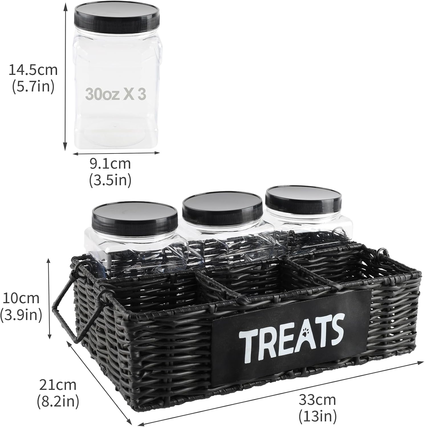 Dog Treat Container for Countertop,3pcs Pet Dog Treat Jars, 4-Compartments Dogs Caddy Organizer, Great Gift for Pet Owners-Black Poly Wicker Basket