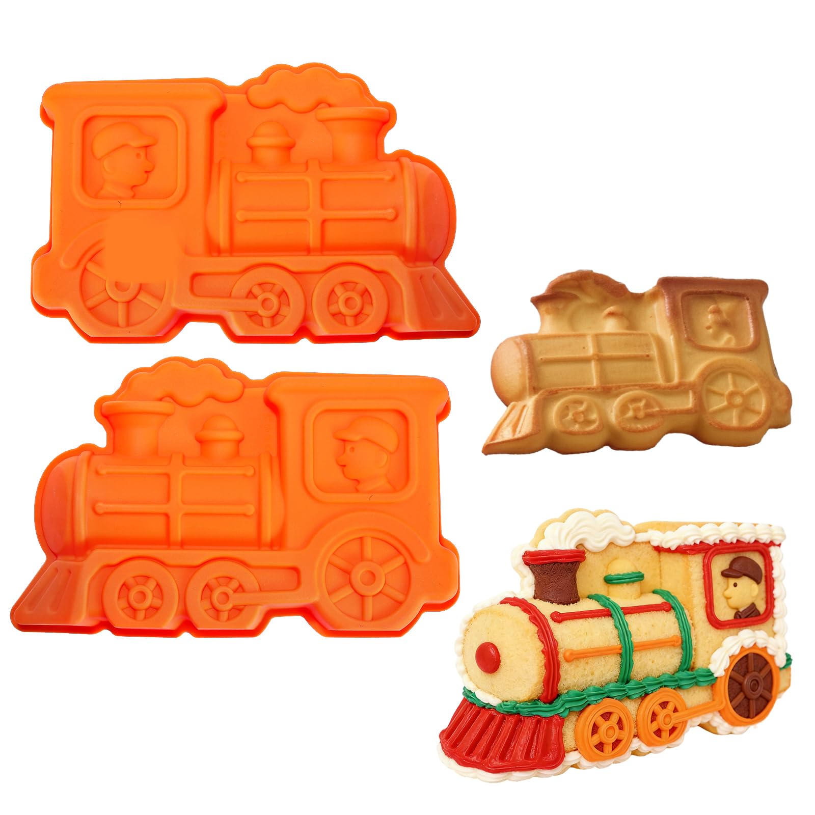 KeepingcooX Train Shaped Baking Pan - 3D Locomotive Birthday Cake Mould for Party and Celebrations - Nonstick Silicone Bake at Home Tools (2 Pcs, Each 29.8x18.5X 4.0 cm)