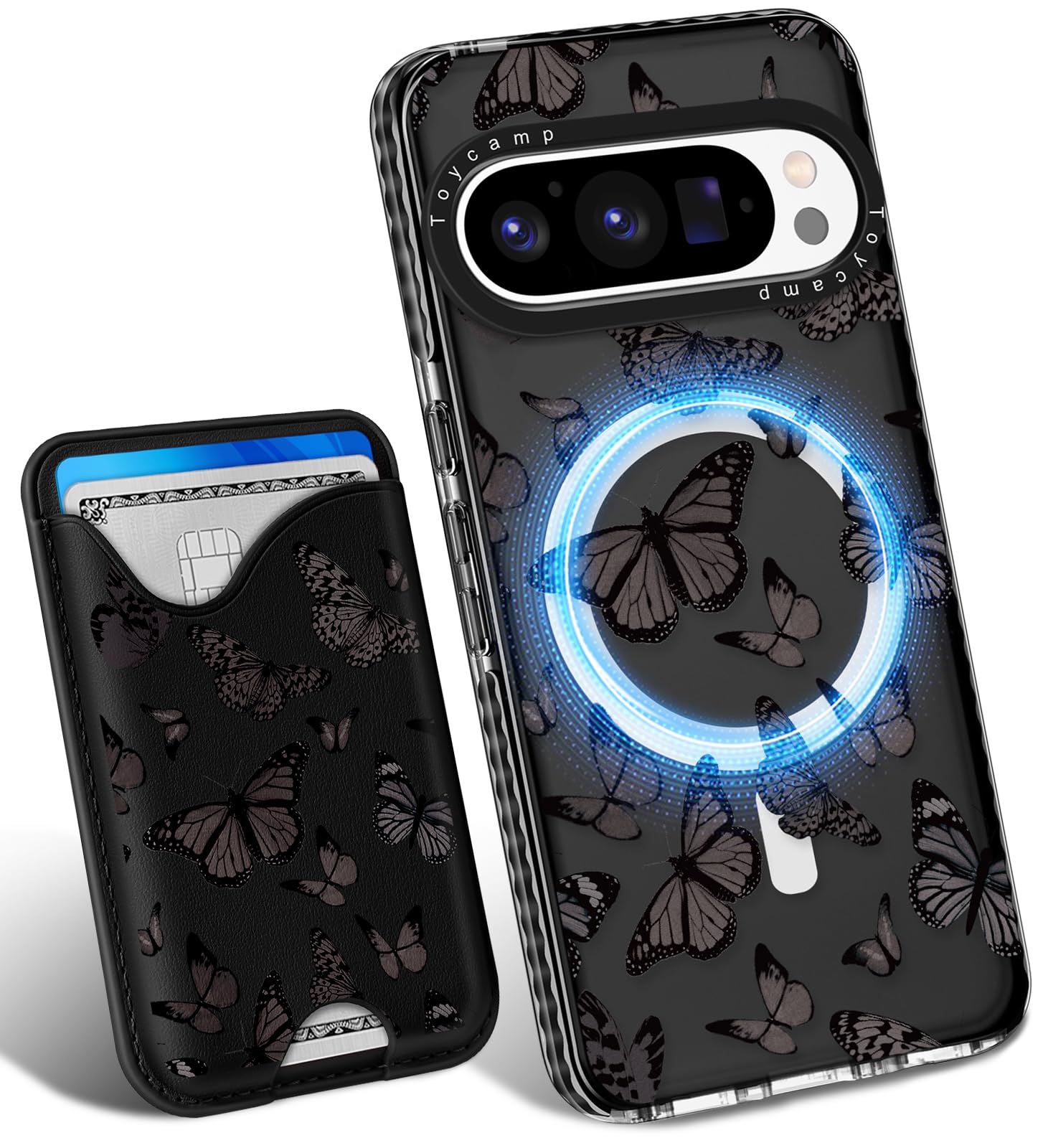 Toycamp for Pixel 9 Pro XL Case - Compatible with Magsafe Credit Card Holder Wallet Magnetic Cute Women Teen Girls Kawaii Girly Unique Black Butterfly