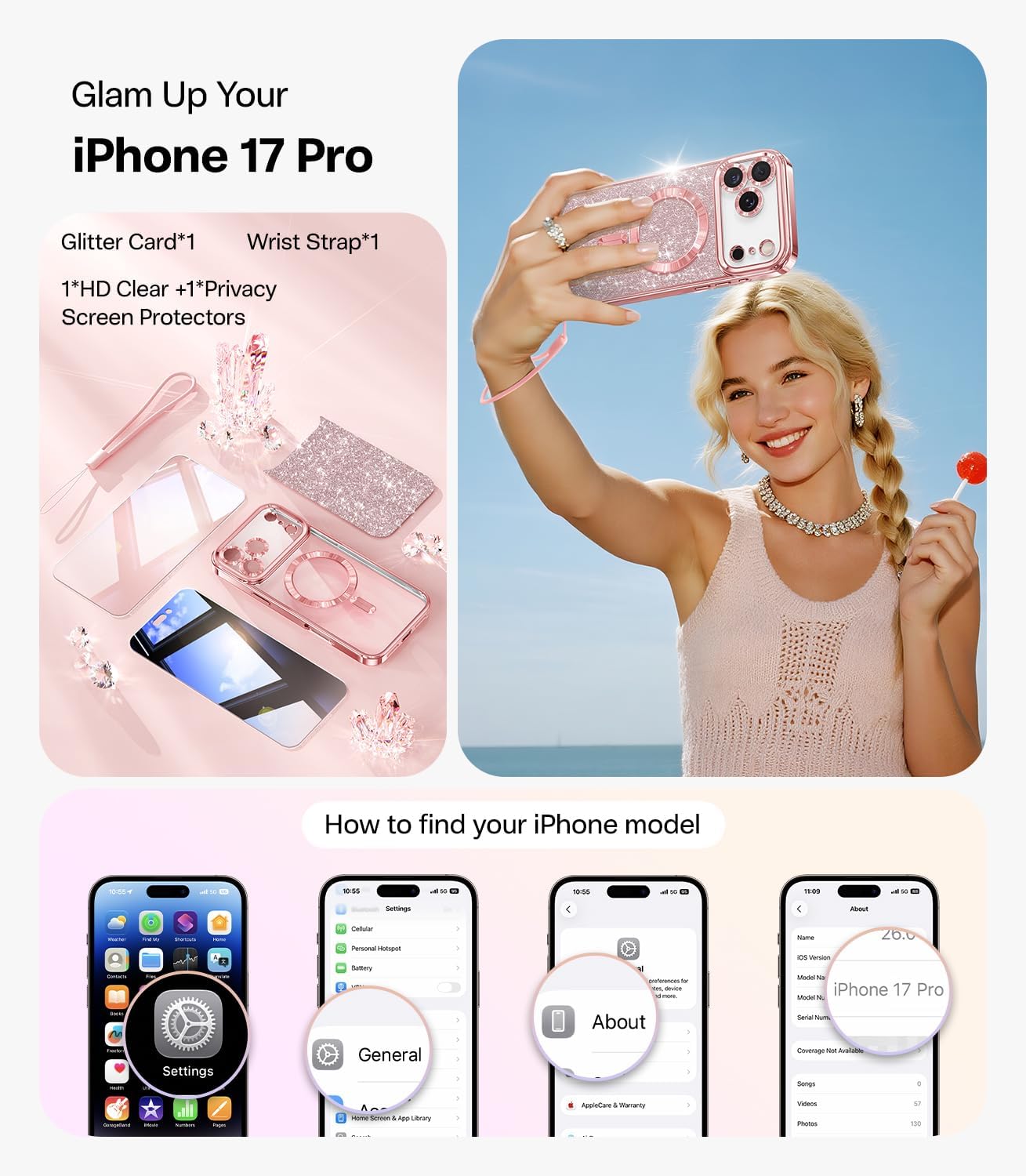 Meifigno Designed for iPhone 17 Pro Case 6.3", [Glitter Card & Wrist Strap] [Compatible with MagSafe] [1HD +1X Privacy Screen Protectors] Surround Raised Lens Protection for 17 Pro Case, Rose Gold - Image 2
