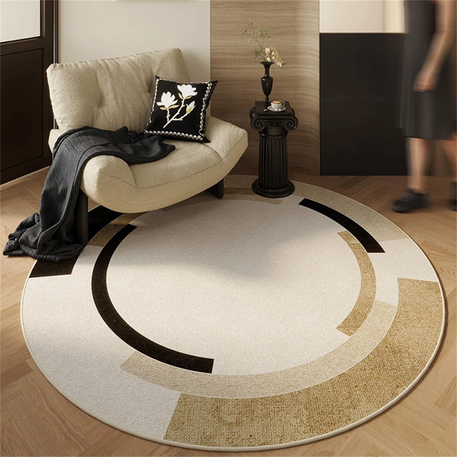 Hearda Simple Black Beige Texture Decorations Rugs Living Room Non-Slip Round Large Rug 60-140cm, Velvet Washable Carpet Rugs, for Bedroom Kitchen,Living Rooms, Corridors (Brown,120cm)