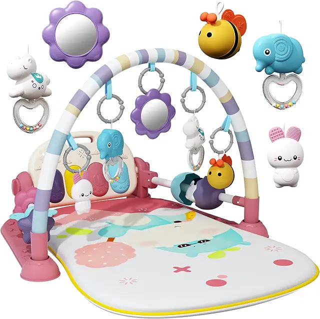 Tapis d'éveil bébé avec piano musical, lumières et jouets amovibles 0-36 mois