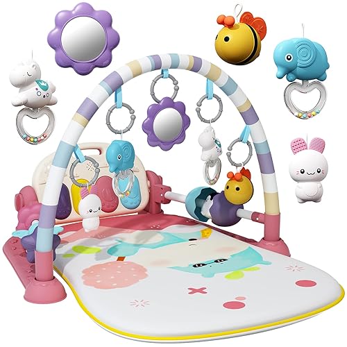 Jovow 2 in 1 Baby Gym with Walker,Baby Play Mat with 5 Infant Learning Sensory,Double-Sided Multifunctional Removable Play Piano Panel ,Sit-to-Stand