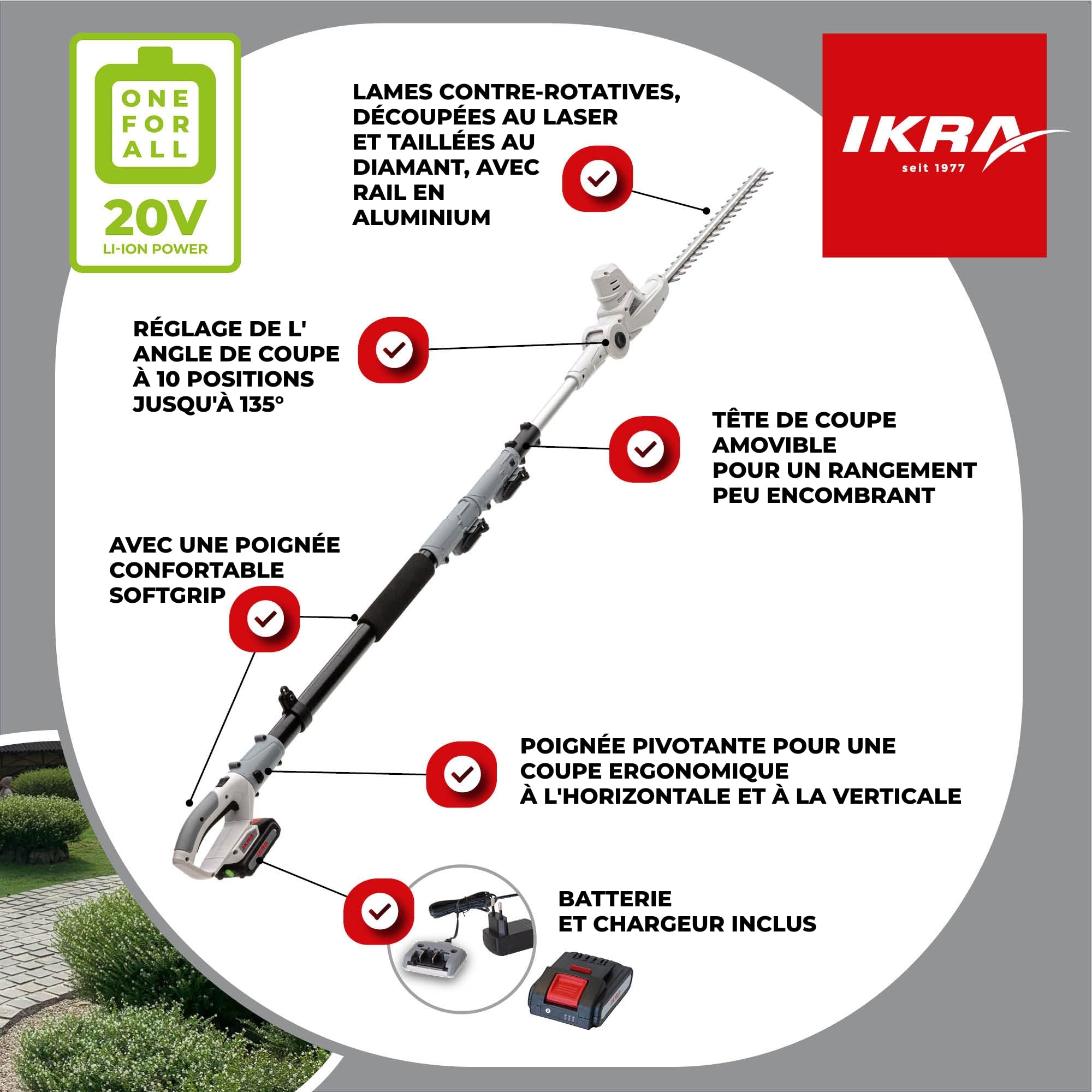 IKRA taille-haie télescopique sans fil ICPH 2040, 40 cm, poignée rotative