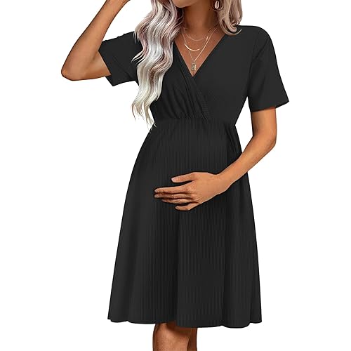 Ekouaer Maternity Nursing Dress V Neck Short Sleeve Breastfeeding Dresses Ribbed Knit Pregnancy Clothes S-XXL