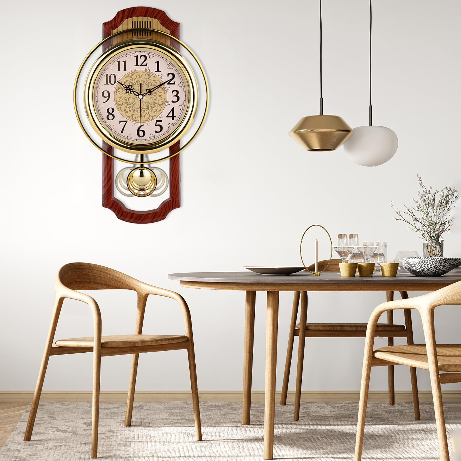 Reloj de pared con péndulo antiguo de textura vintage, simula grano de madera, movimiento silencioso de barrido sin tictac, estilo clásico retro, marco de plástico, vidrio ABS