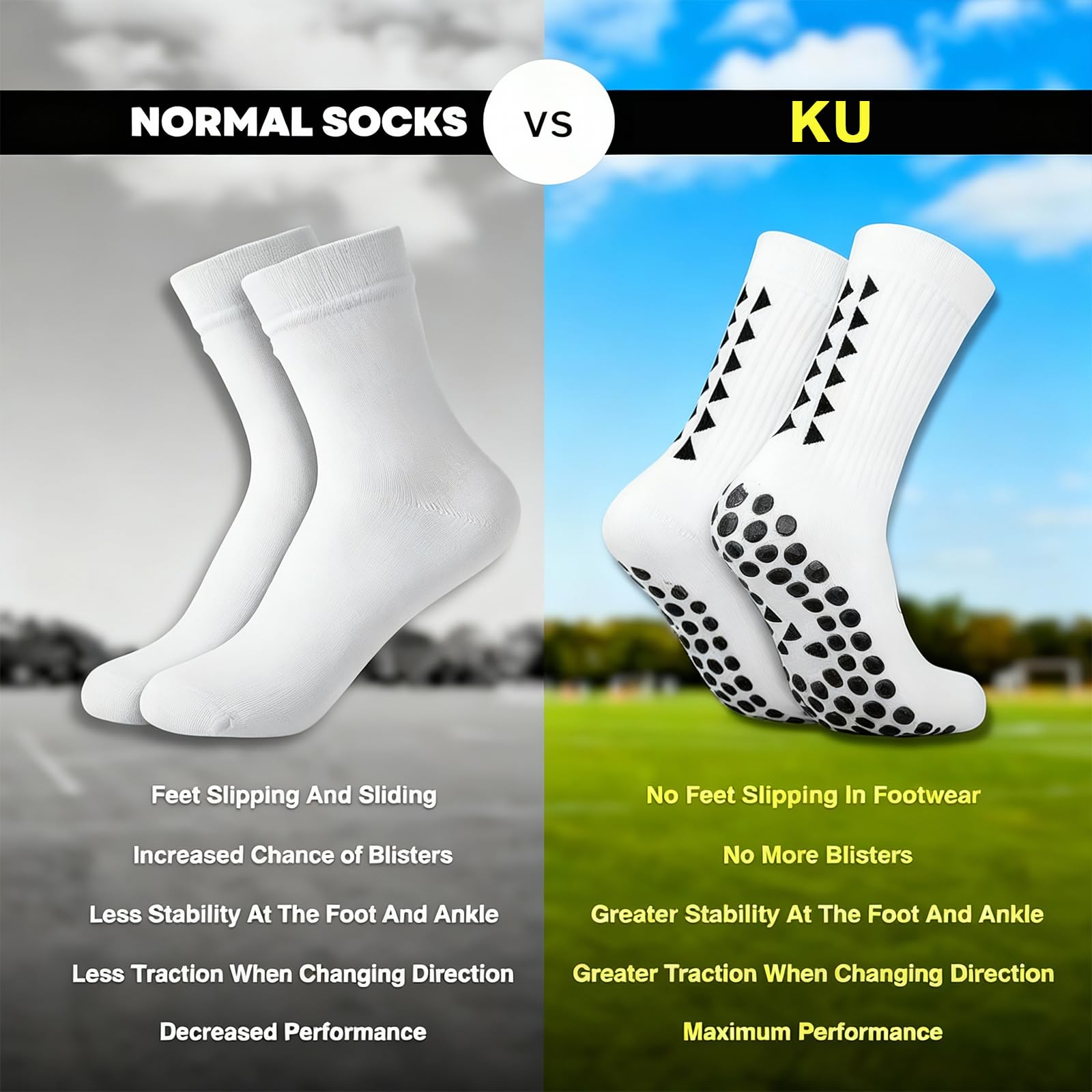 KU 6 Paia Calze da Calcio a Compressione Uomo Donna - Calze Antiscivolo con Ammortizzazione & Grip Totale, Anti-Vesciche, Traspiranti - per Sport, Tennis, Fitness, Corsa (Taglia 43-46)